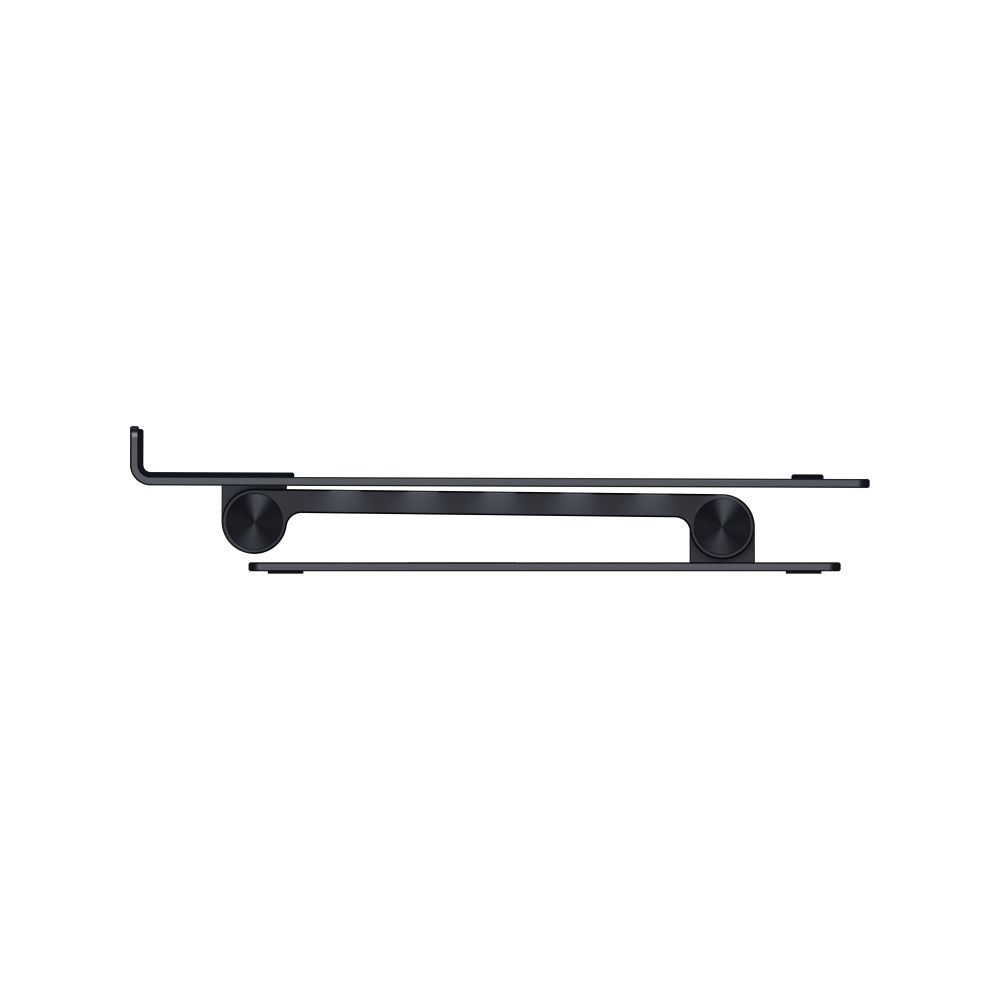 A black, flat stand with two circular connectors and an L-shaped hook.