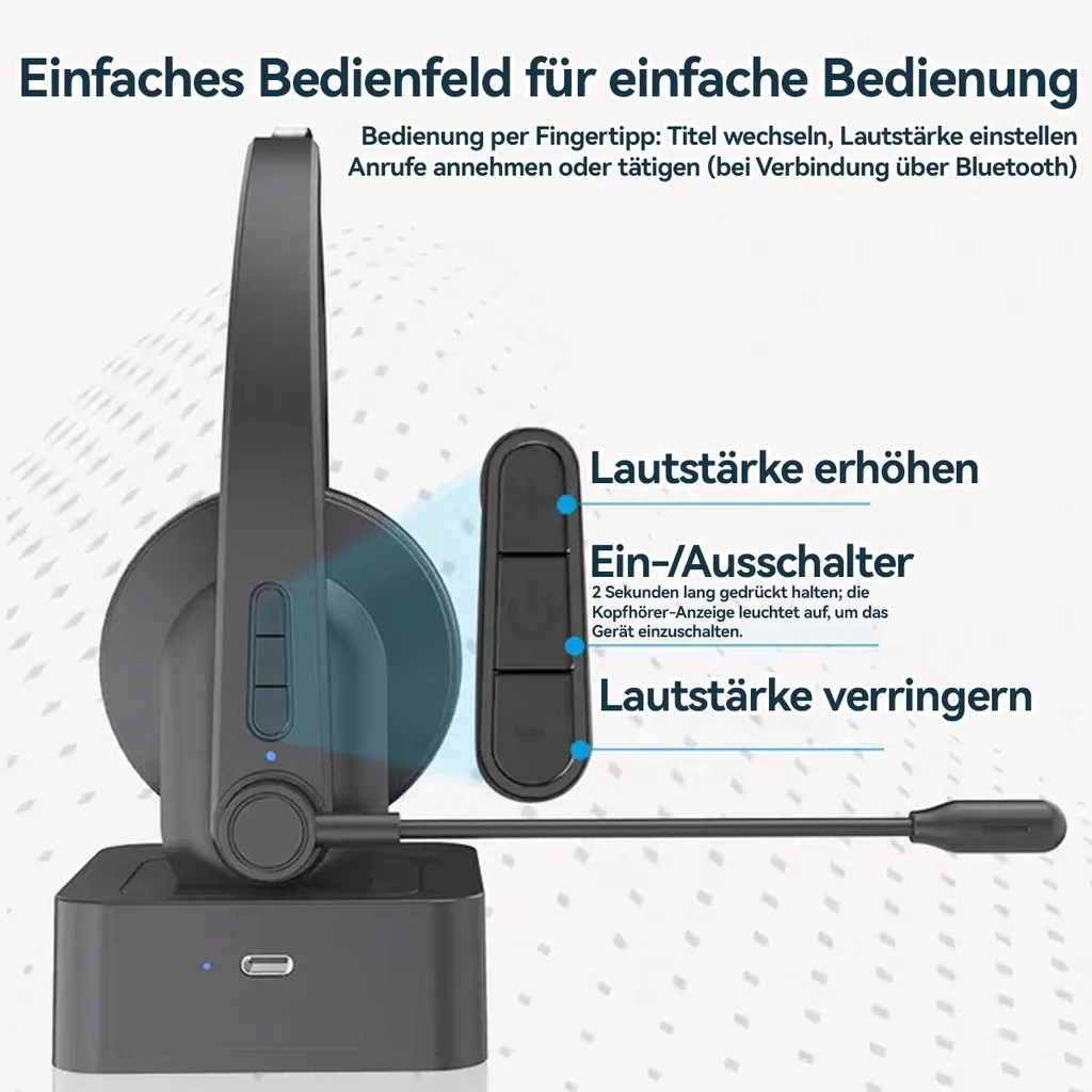 Ein Headset mit Ladebasis und Bedienelementen zur Lautstärkeregelung und Anrufsteuerung.