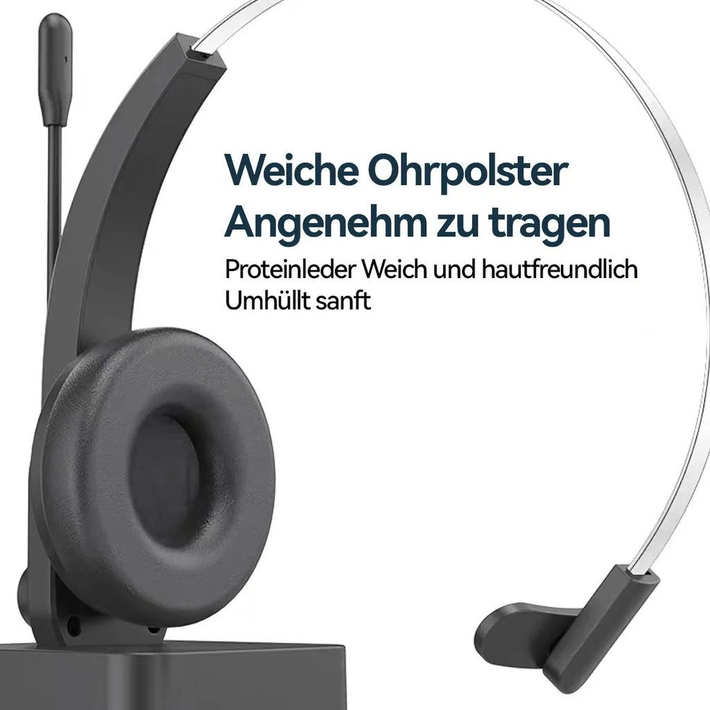 Schwarzer Headset mit Mikrofon und weichem Ohrpolster auf Ständer.