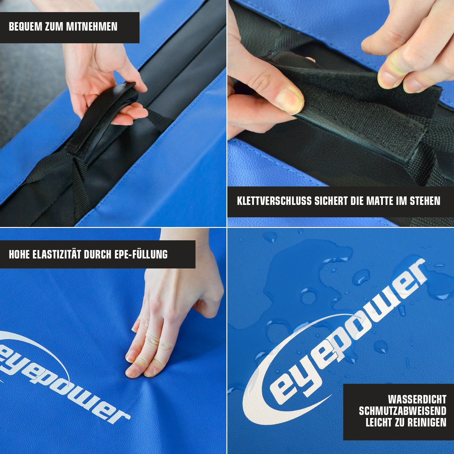 Blaue Matte mit Henkel, Klettverschluss, EPE-Füllung und wasserdichter Oberfläche.