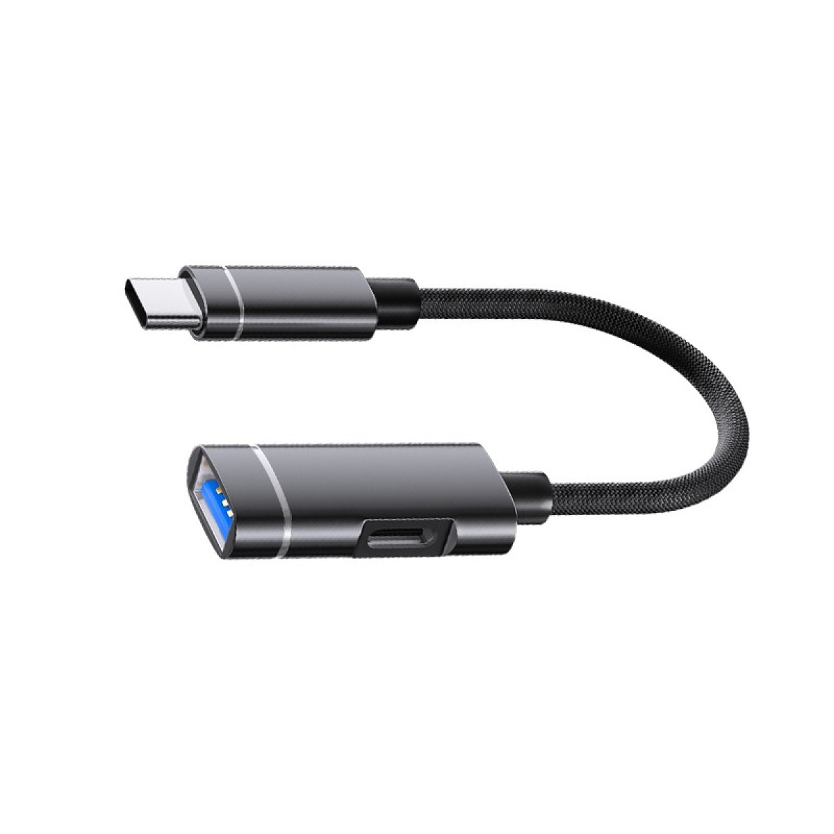 Ein schwarzes USB-C auf USB-A Adapterkabel mit Metallgehäuse.