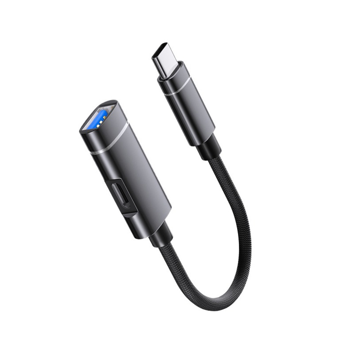 Ein grauer USB-C-zu-USB-A-Adapter mit blauem USB-Anschluss und schwarzem Kabel.