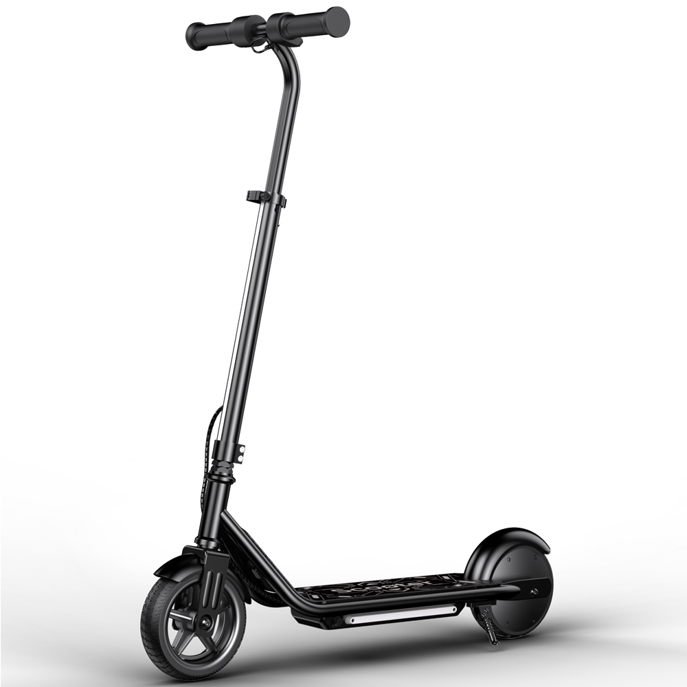 Uno scooter elettrico nero con manubrio, pedana e ruote.