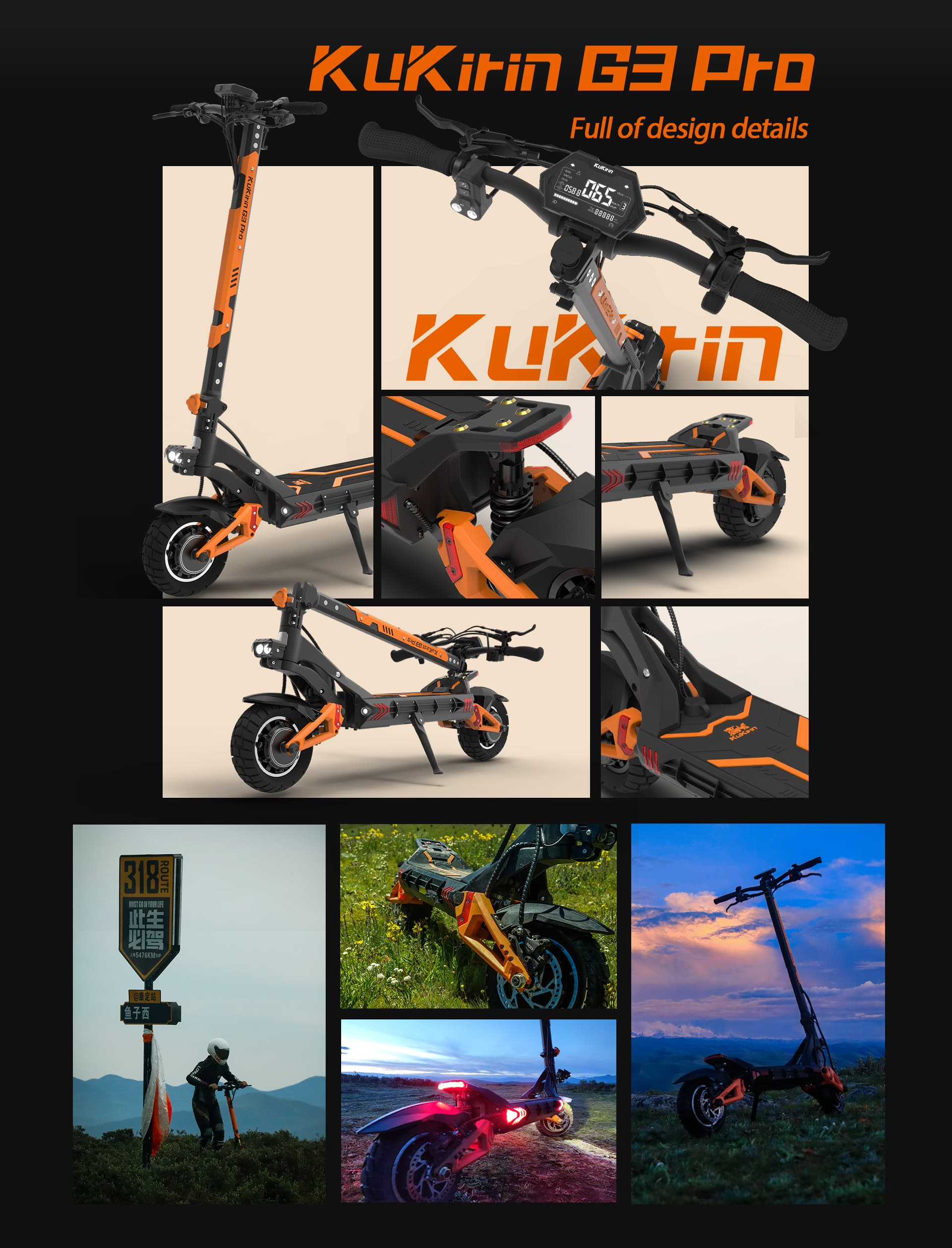 Diverse viste dello scooter elettrico Kukirin G3 Pro arancione e nero.