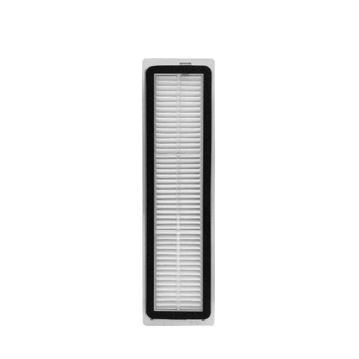 Un filtro bianco rettangolare con bordo nero su sfondo bianco.