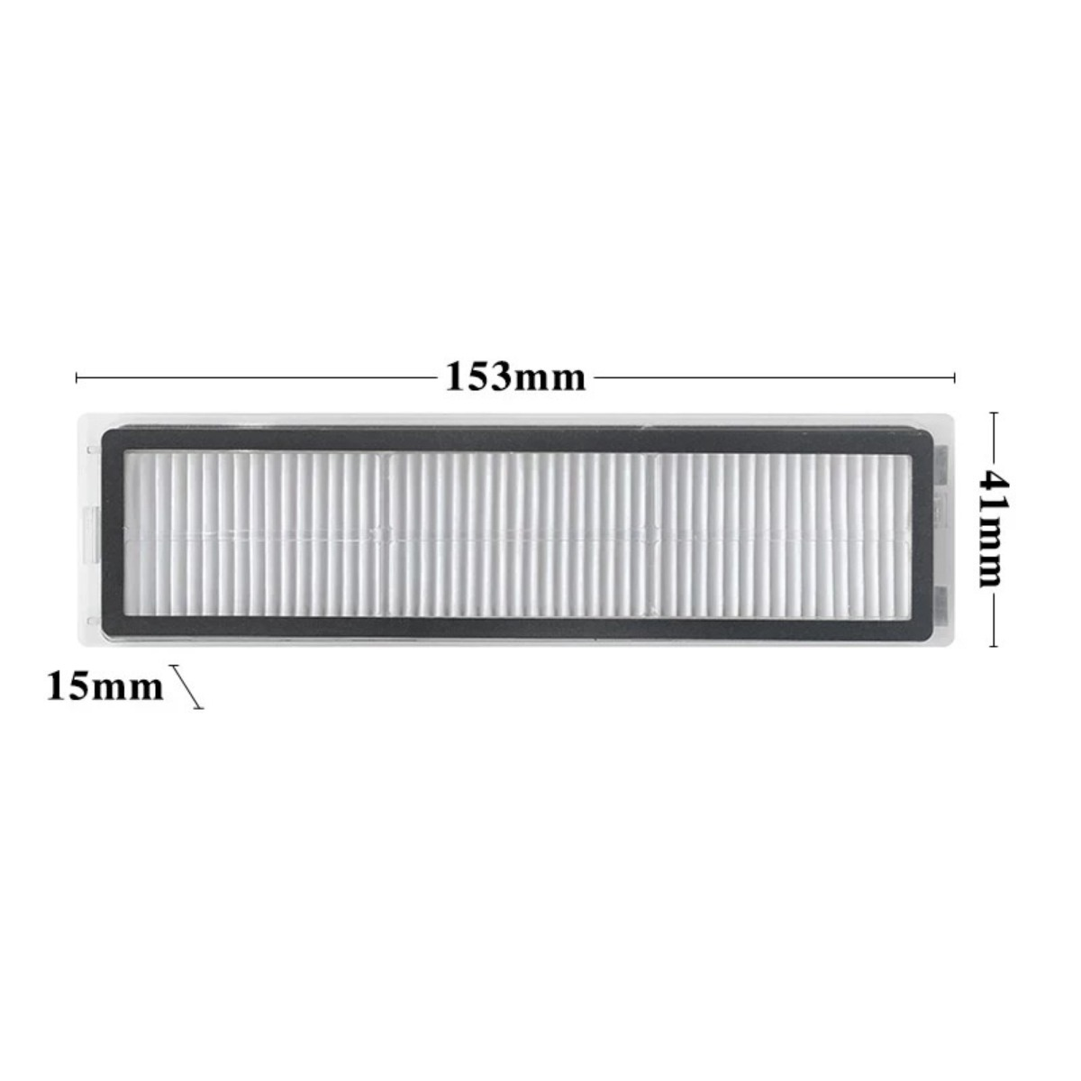 Un filtro rettangolare bianco con pieghe verticali, 153x41x15mm.