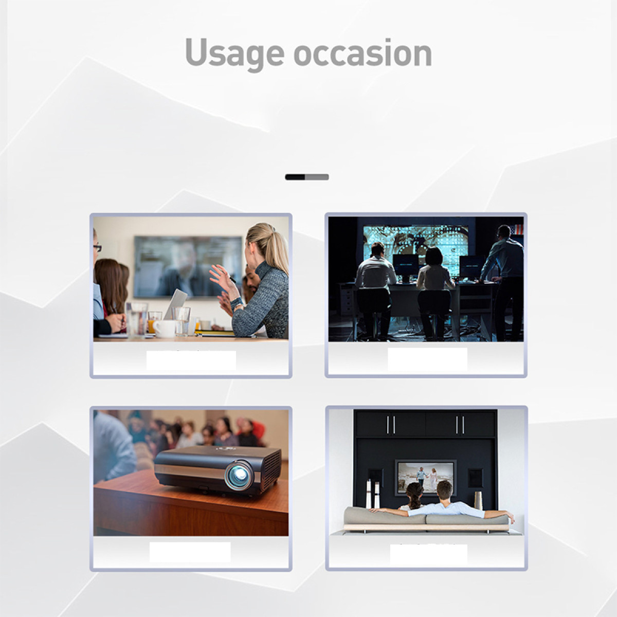 Vier Bilder zeigen Einsatzmöglichkeiten: Meeting, Gaming, Präsentation und Heimkino.