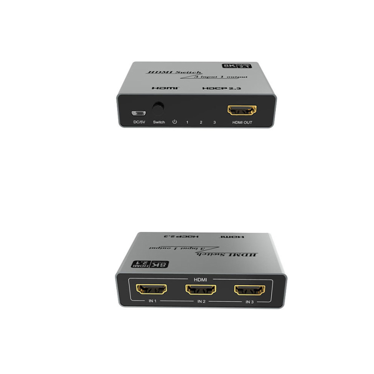 Ein silberner HDMI-Switch mit 3 Eingängen und 1 Ausgang. Beschriftungen: HDMI, 8K, HDCP 2.3.