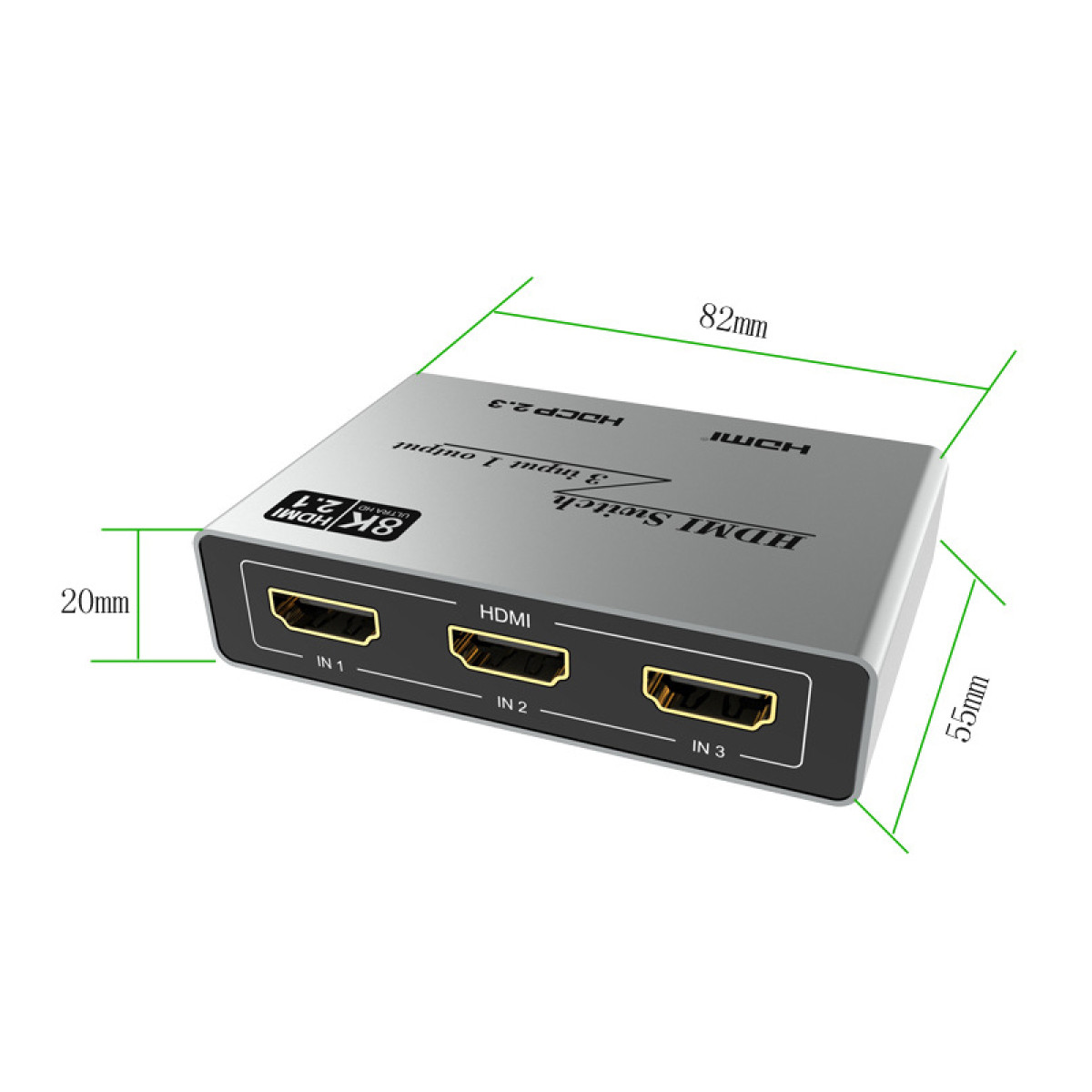 Silberner 8K HDMI-Switch mit 3 Eingängen und 1 Ausgang. Maße gezeigt.