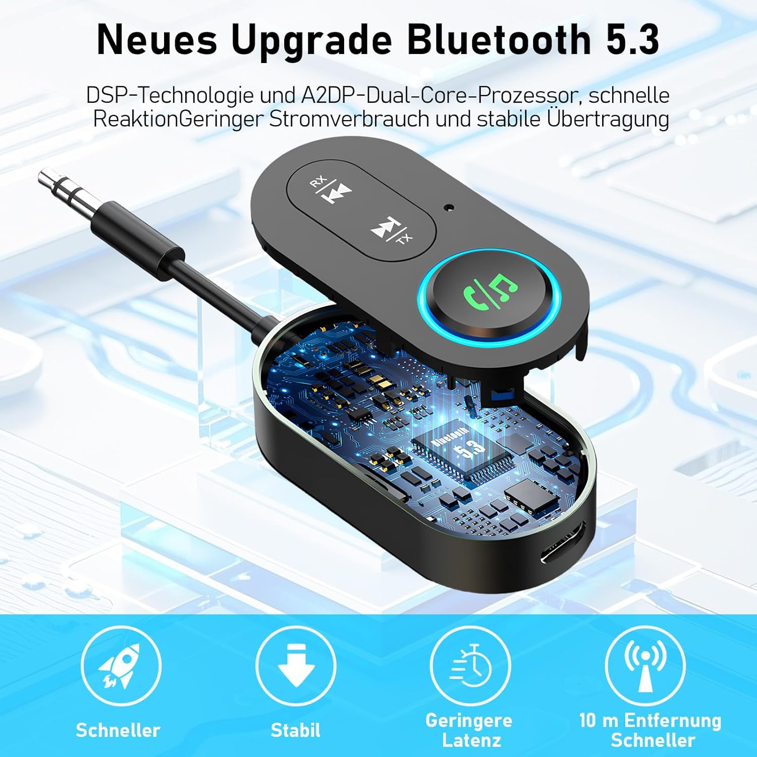 Neuer Bluetooth 5.3 Empfänger mit beleuchtetem Knopf und geöffnetem Gehäuse.