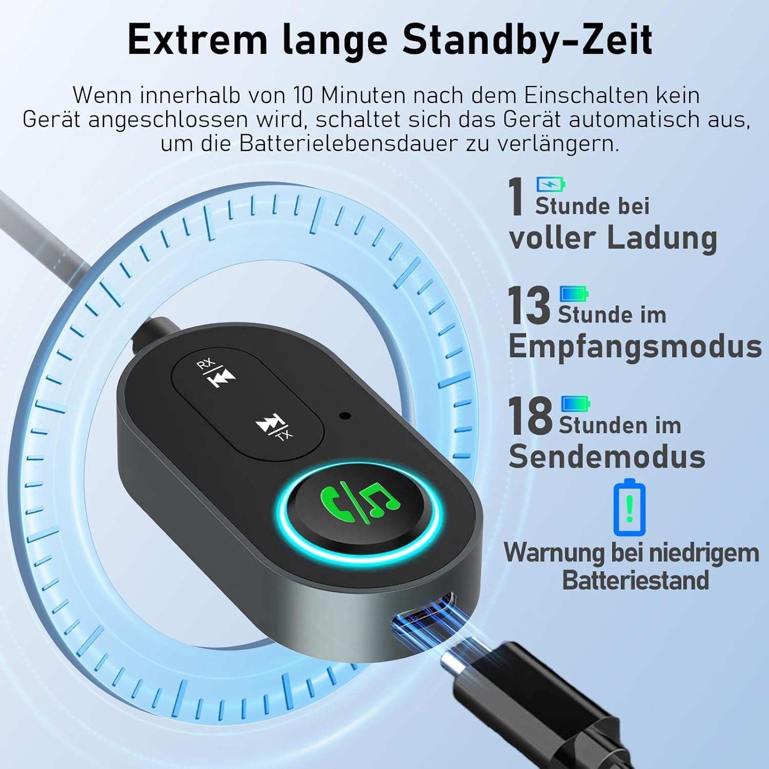 Schwarzer Bluetooth-Adapter mit Ladeanschluss, zeigt 1h Ladezeit, 13h Empfang, 18h Sendung.
