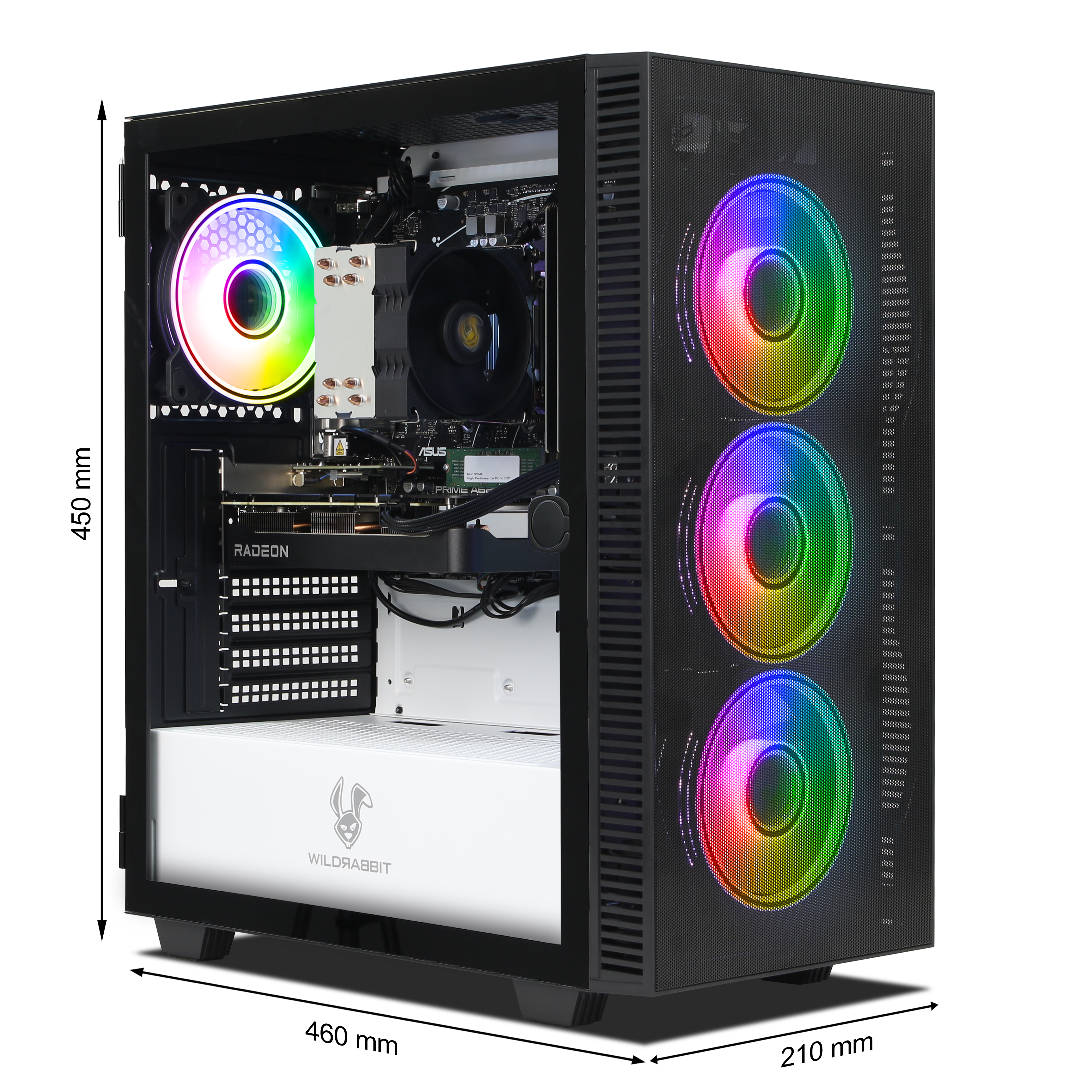 Ein schwarzes PC-Gehäuse mit RGB-Lüftern und sichtbaren Komponenten.
