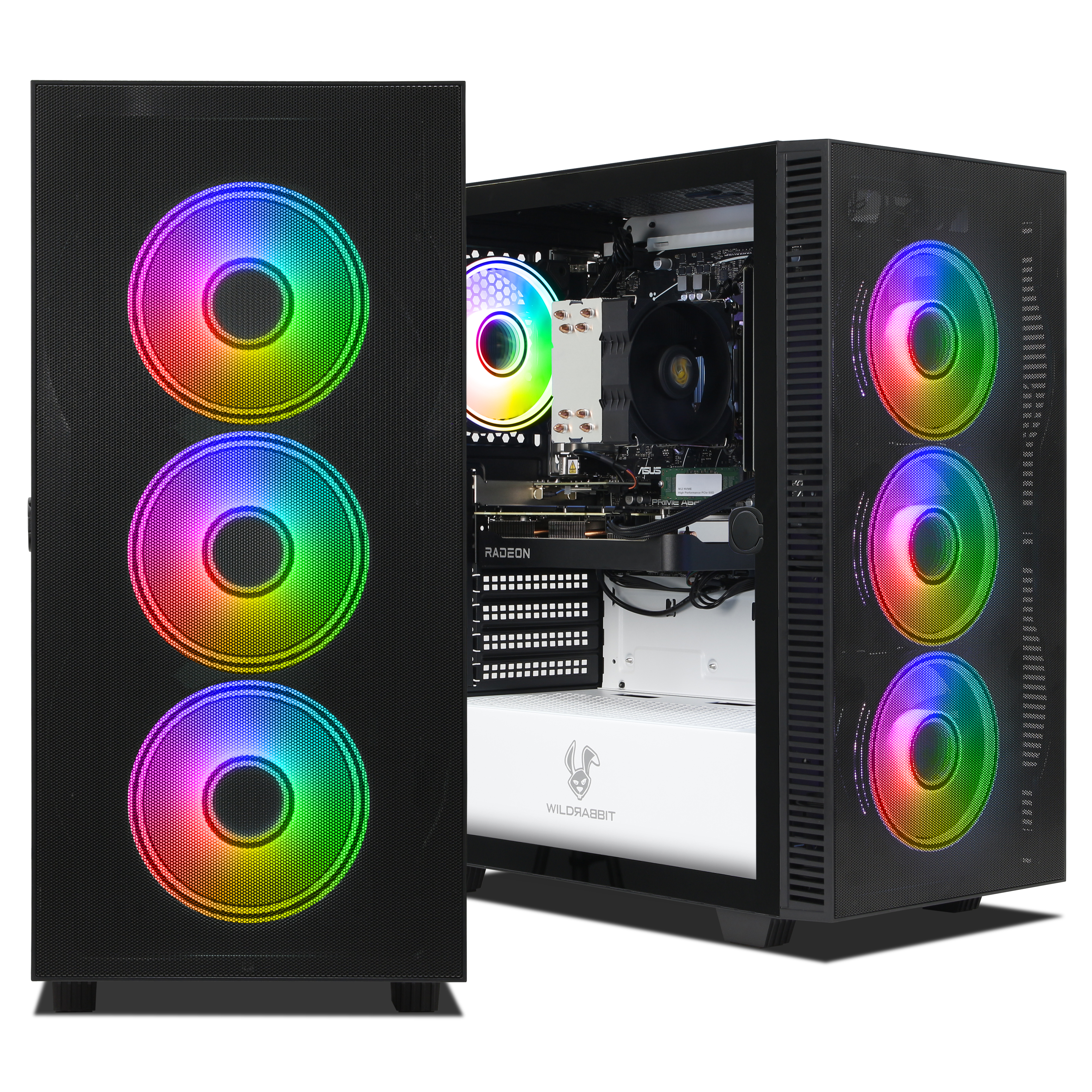 Ein schwarzes PC-Gehäuse mit beleuchteten Lüftern und sichtbaren Komponenten.
