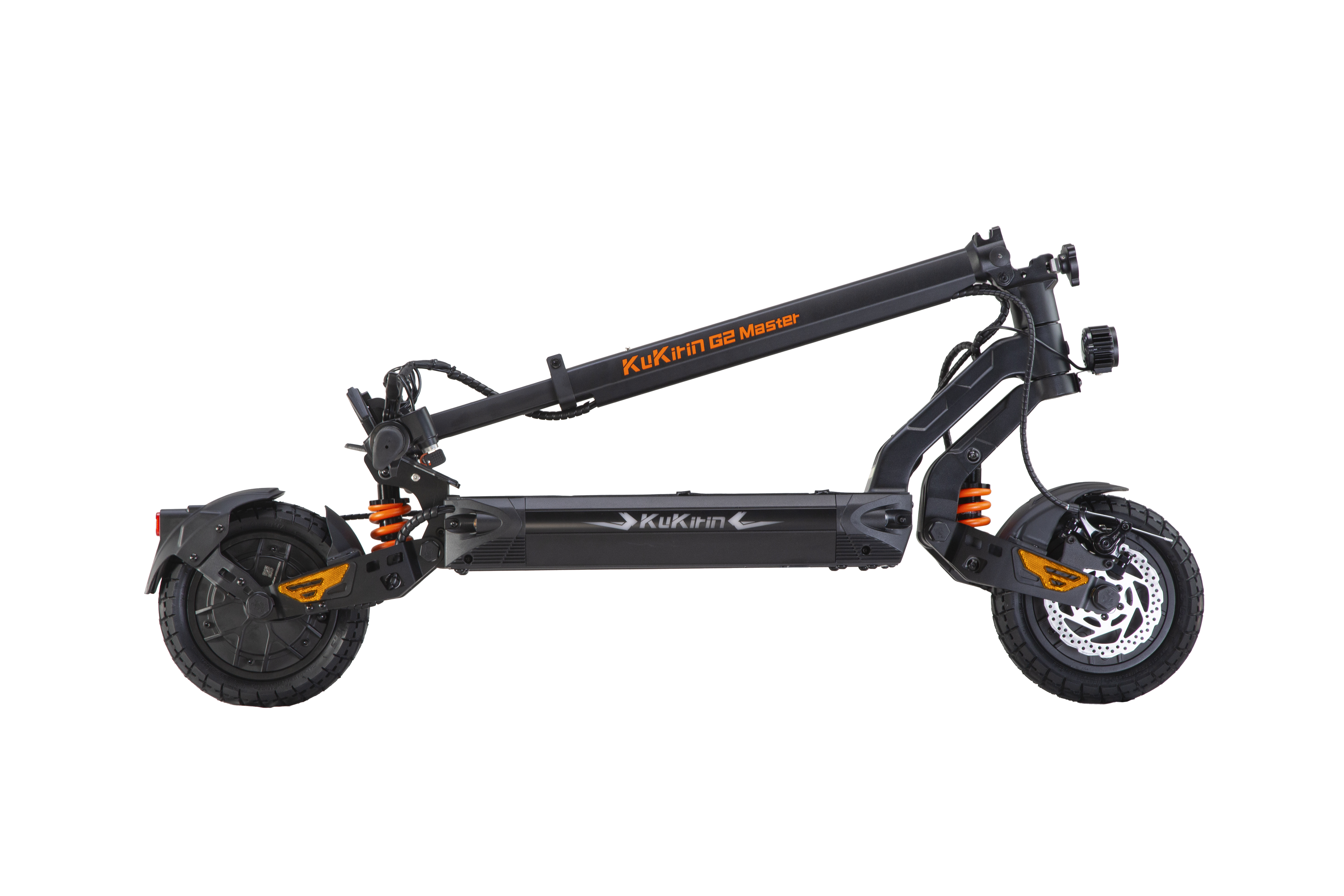 Uno scooter elettrico nero con molle arancioni, visto di profilo su sfondo bianco.