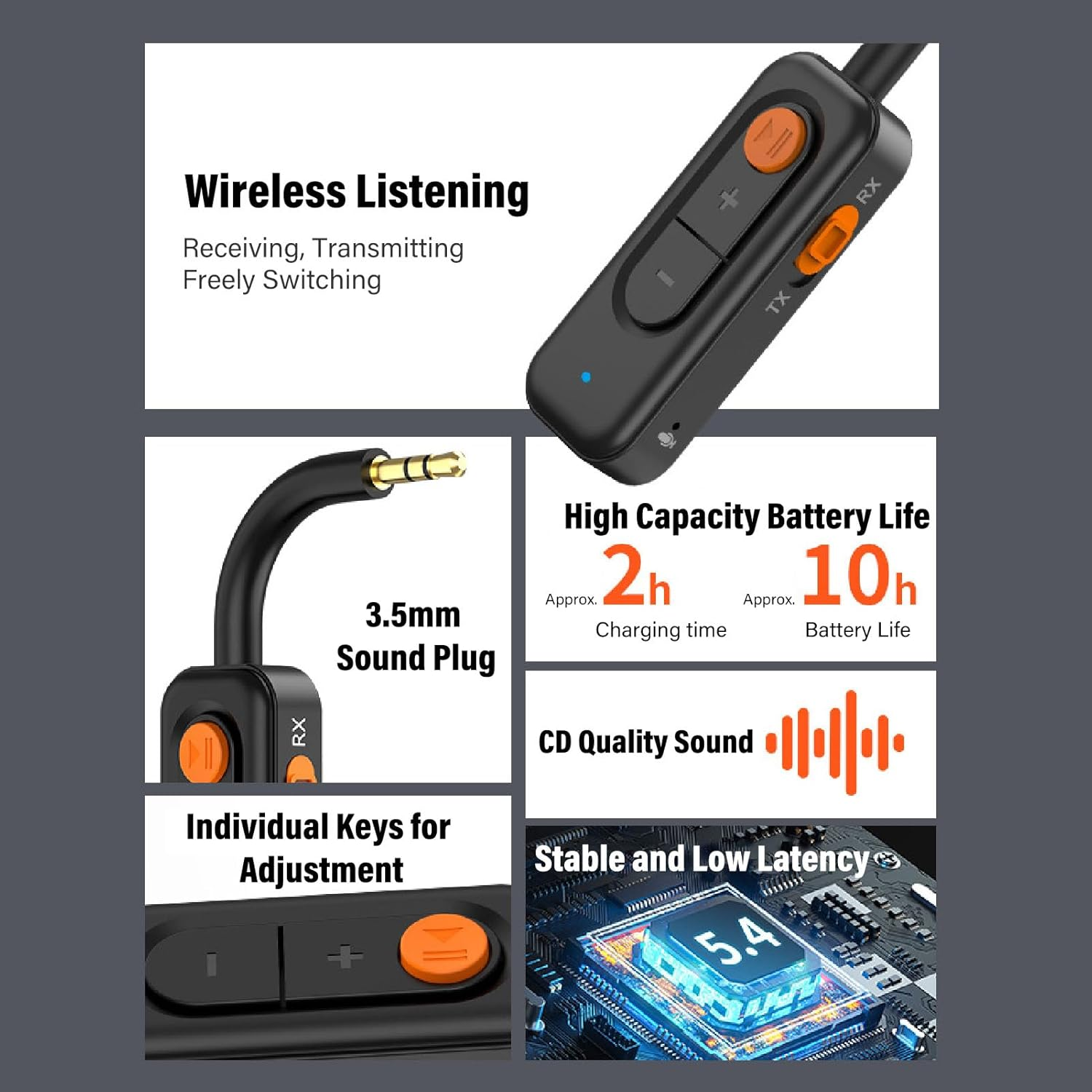 Ein schwarzes Gerät mit orangefarbenen Tasten, 3,5-mm-Stecker und Batterieanzeige.