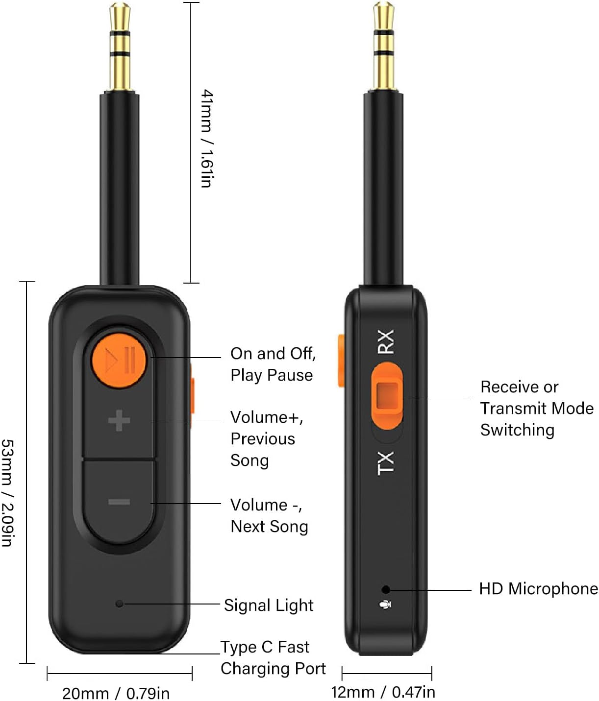 Ein schwarzer Bluetooth-Adapter mit 3,5-mm-Klinkenstecker, Bedienelementen und USB-C-Anschluss.