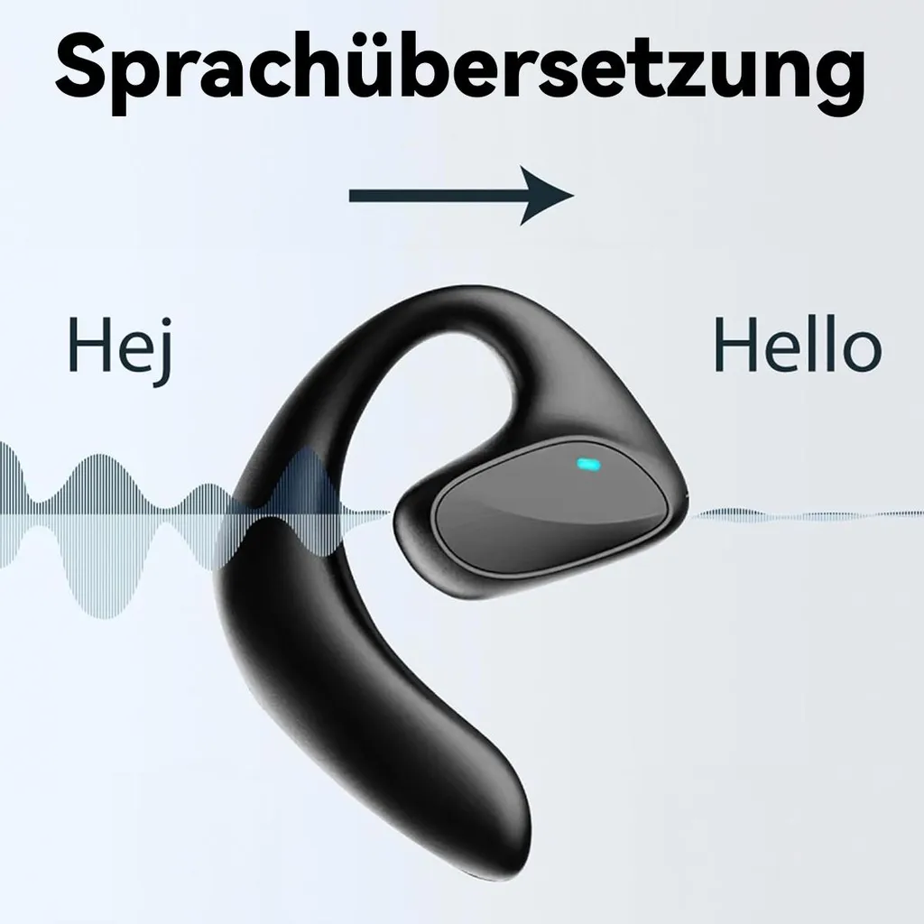 Schwarzer Kopfhörer mit Wellenlinien, die "Hej" und "Hello" übersetzen.