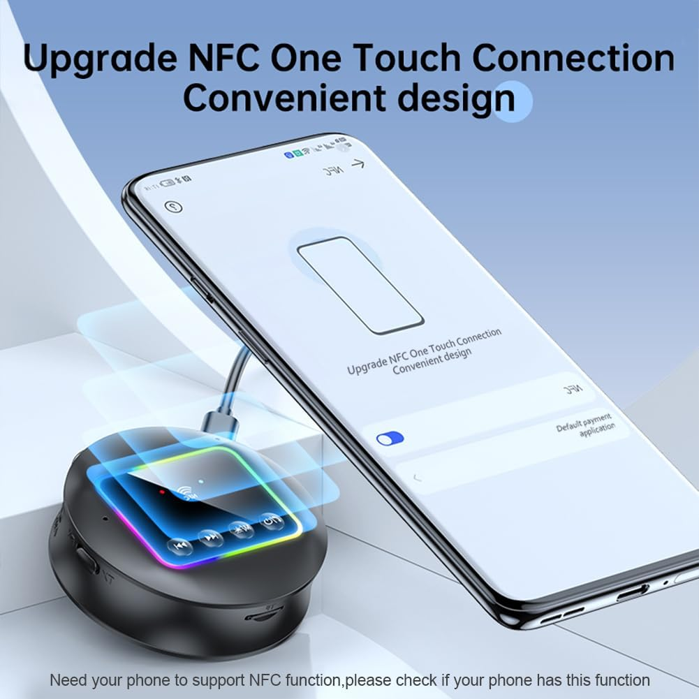 Ein Smartphone verbindet sich per NFC mit einem schwarzen Gerät mit Lichtern.