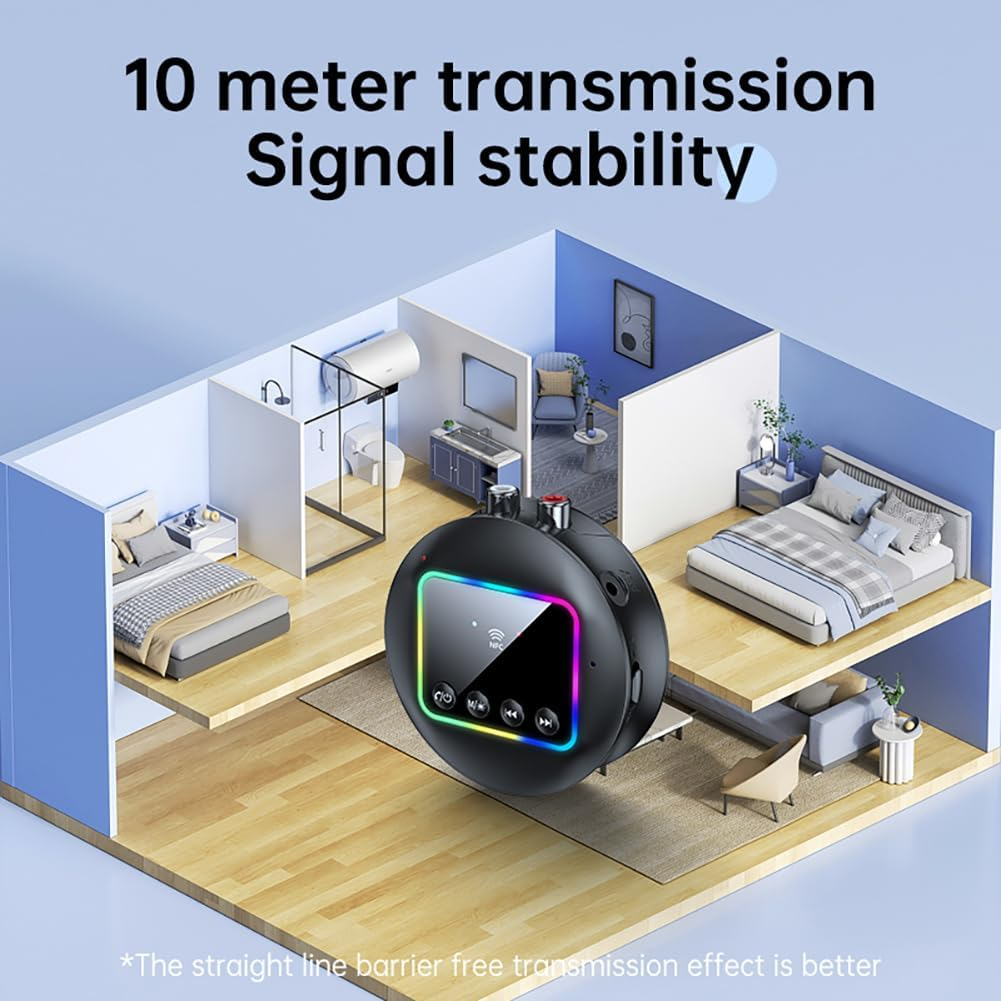 3D-isometrische Ansicht eines modernen Hauses mit einem runden schwarzen Gerät mit buntem Lichtrand.