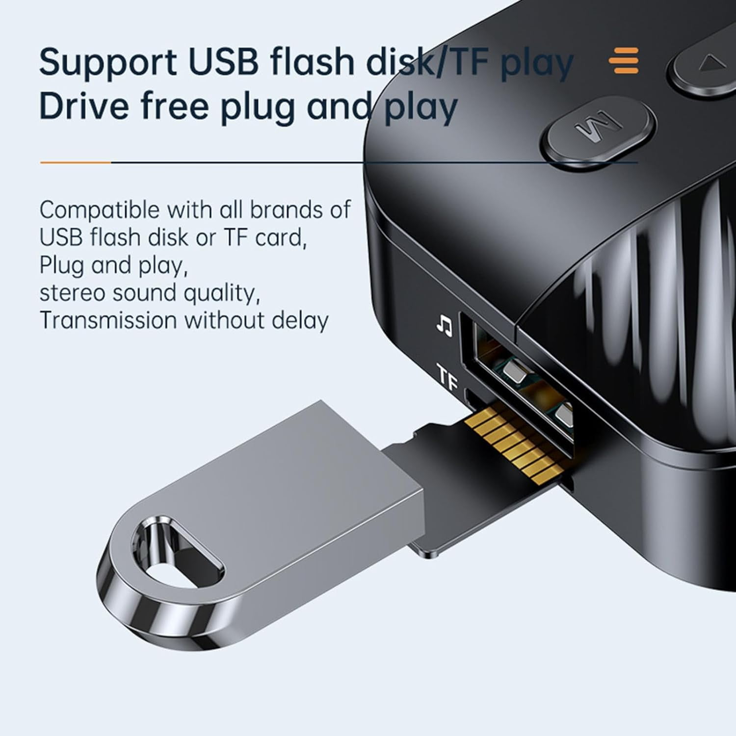 Ein schwarzes Gerät mit einem USB-Stick und einer TF-Karte, die in die Anschlüsse gesteckt werden.