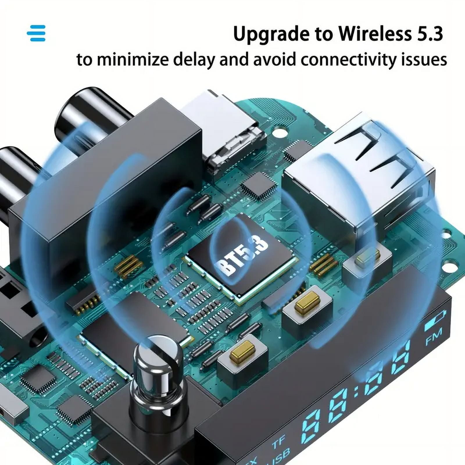 Leiterplatte mit BT5.3 Chip, USB-Anschlüssen und blauen Wellen.
