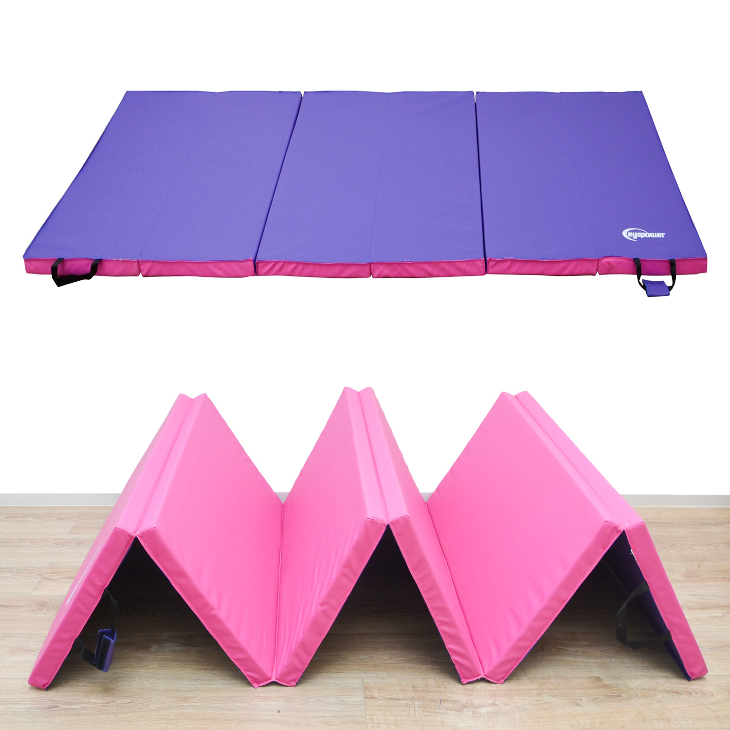 Eine lila und pinke Gymnastikmatte, ausgebreitet und gefaltet.
