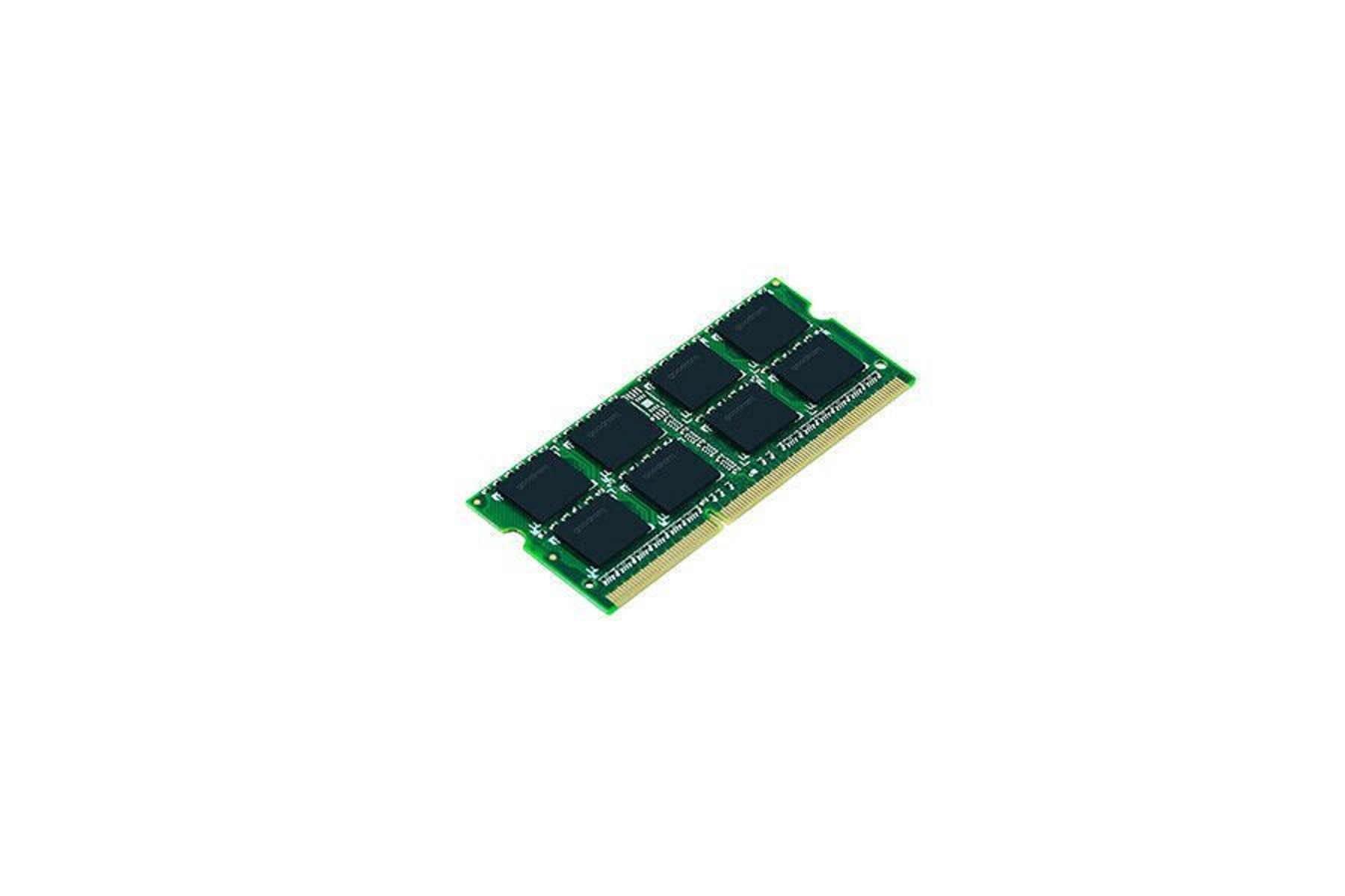 Ein grünes RAM-Modul mit acht schwarzen Chips und goldenen Kontakten auf weißem Hintergrund.