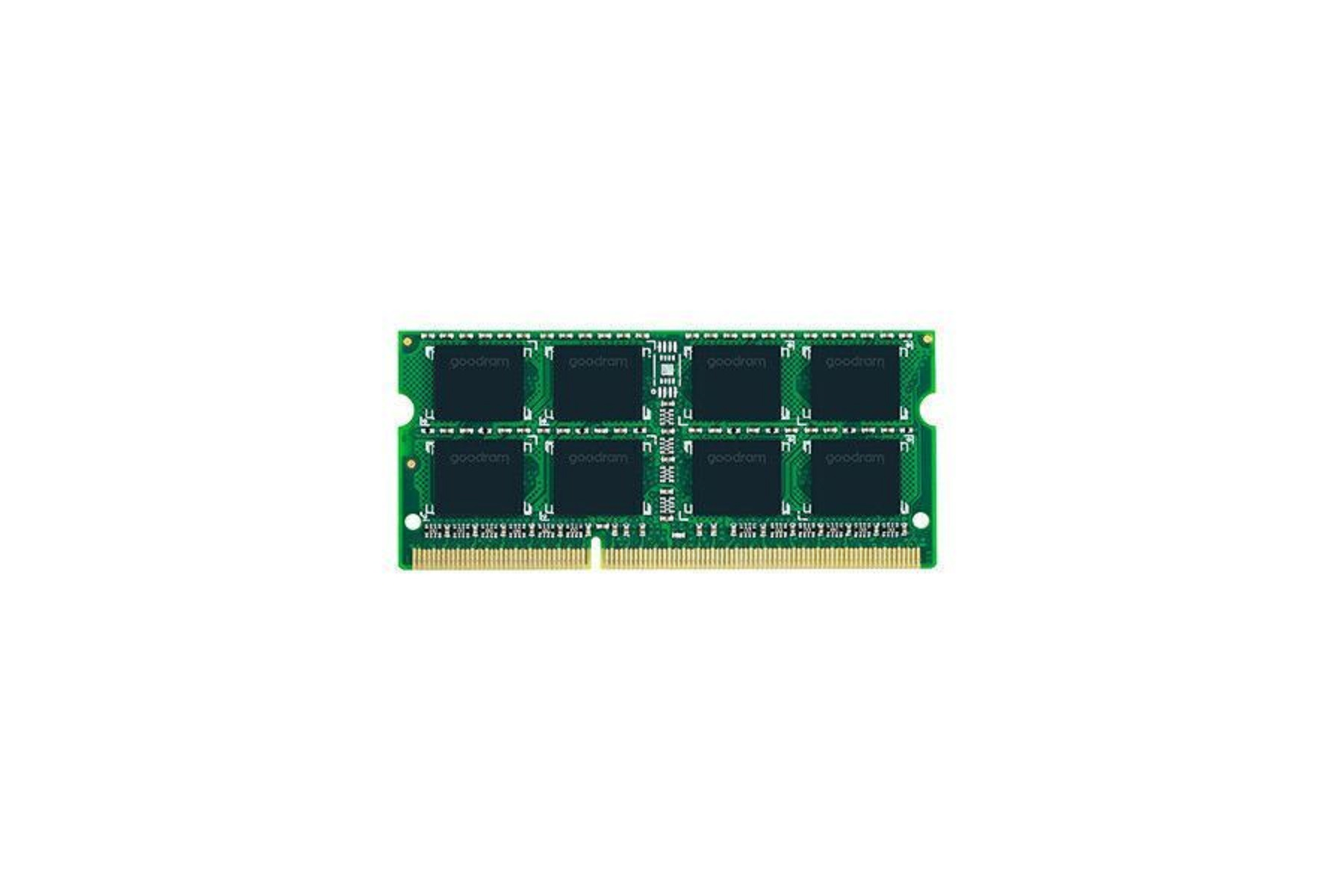 Ein grünes RAM-Modul mit acht schwarzen Chips und goldenen Kontakten.