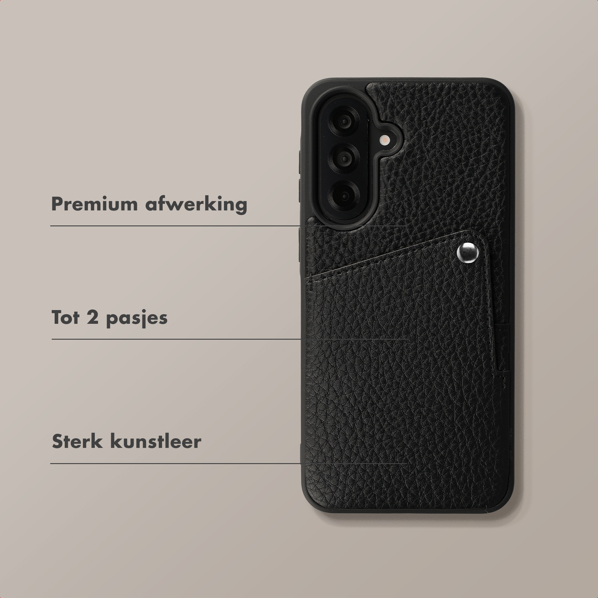Schwarze Handyhülle aus Leder mit Kartenfach und Kameraausschnitt.