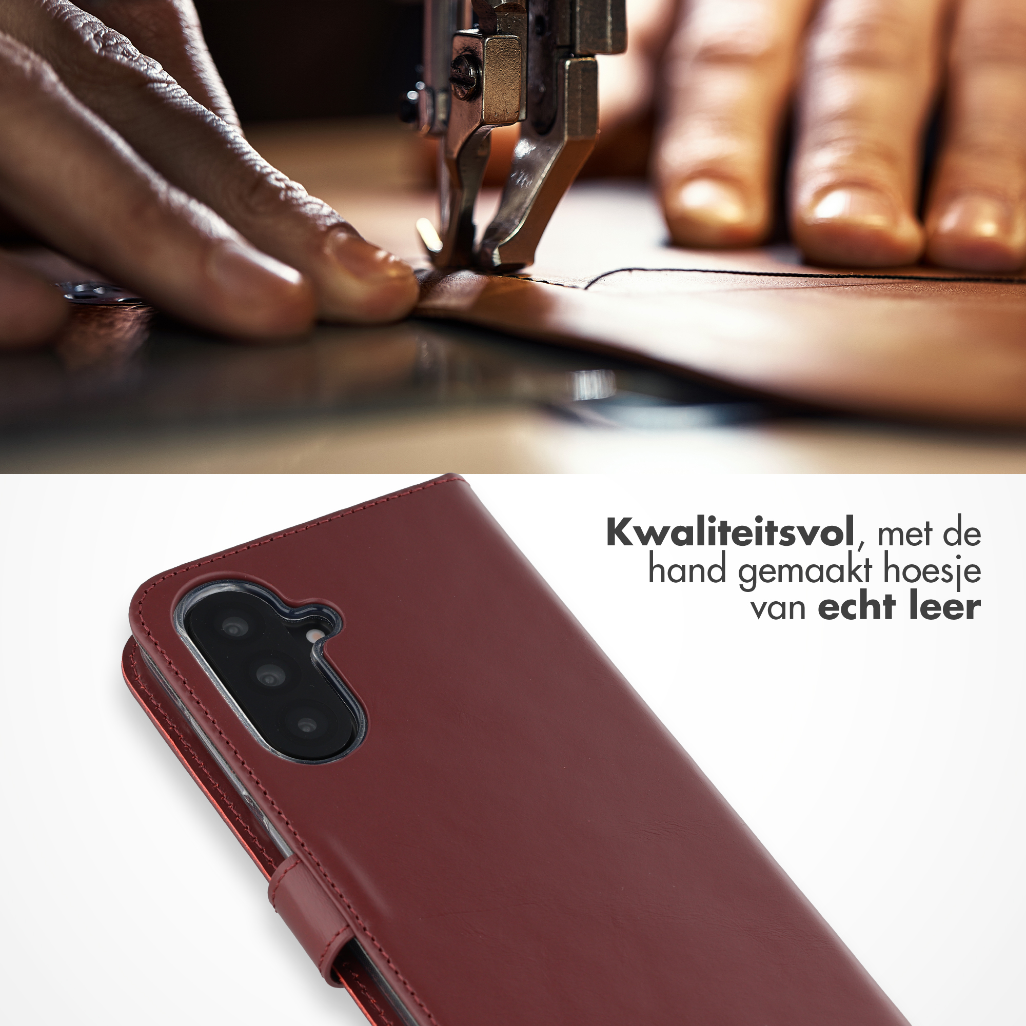 Handen naaien leer voor telefoonhoesje met naaimachine. Rode leren hoes.
