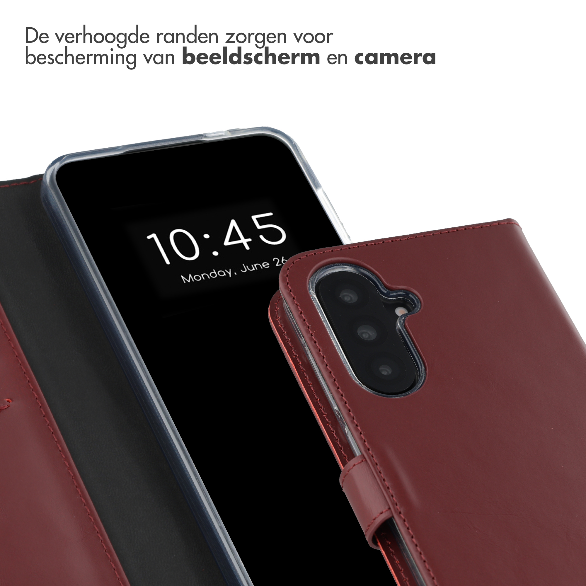 Rode telefoonhoes met camerabobbel, en een telefoon die 10:45 weergeeft.