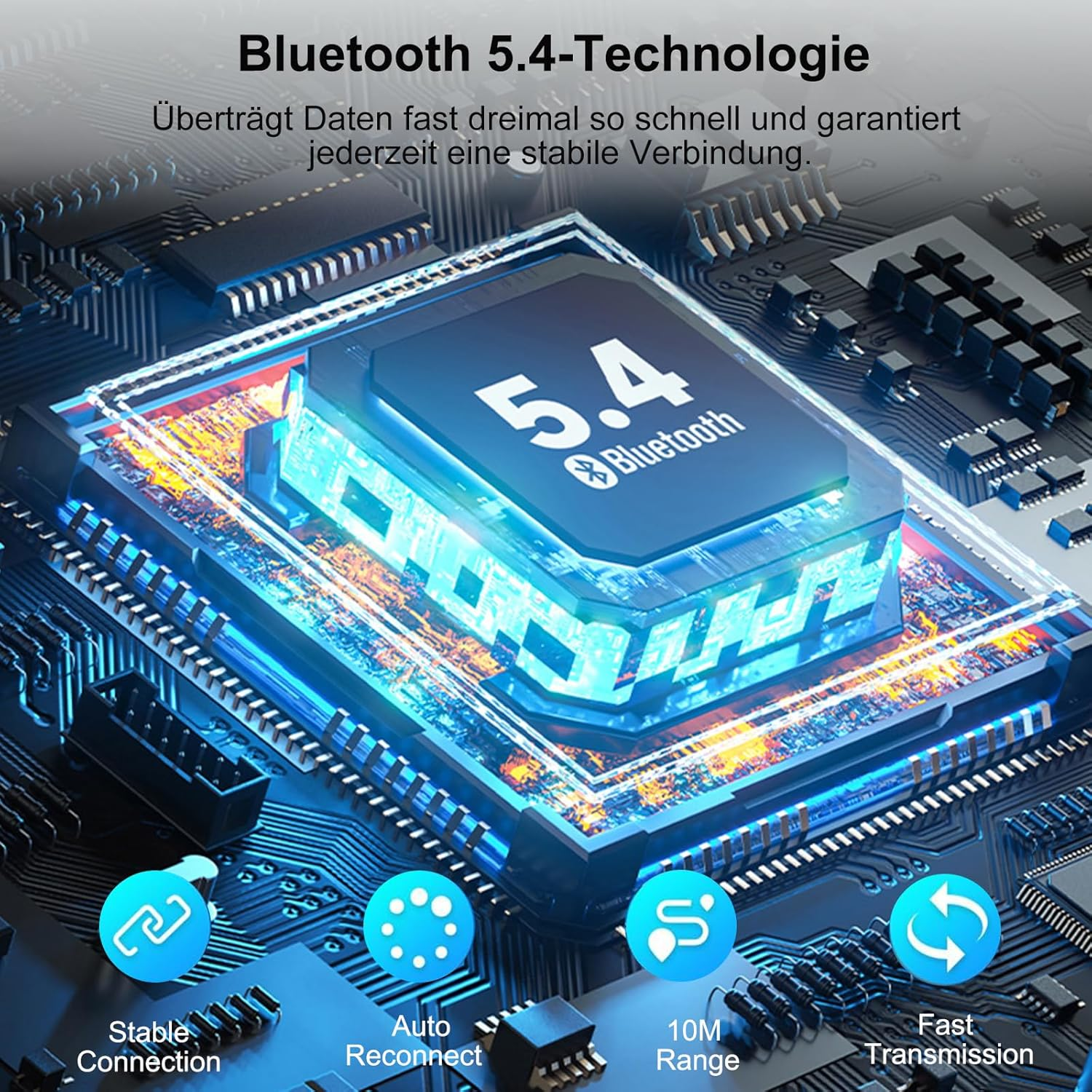 Bluetooth 5.4 Chip auf einer Platine mit Symbolen für Stabilität, Wiederverbindung, Reichweite und Übertragung.