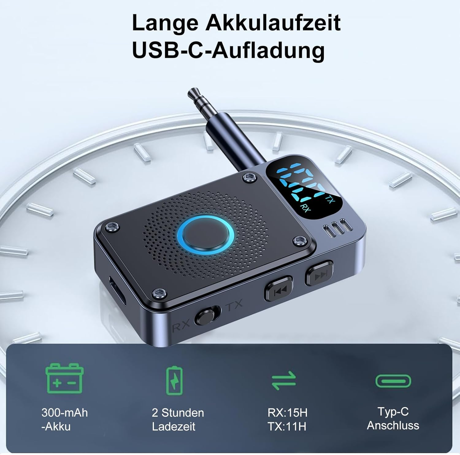 Schwarzer USB-C-Adapter mit Display, 300mAh Akku, 15h RX/11h TX.