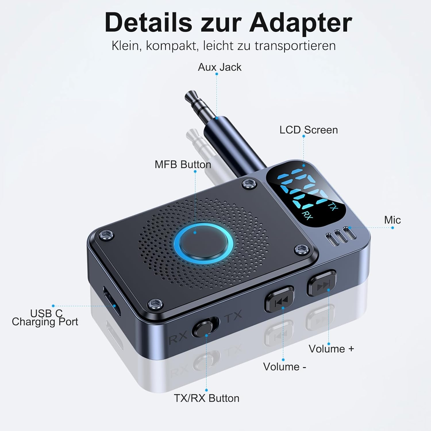 Ein kompakter, dunkler Adapter mit Aux-Anschluss, LCD-Bildschirm und Tasten.