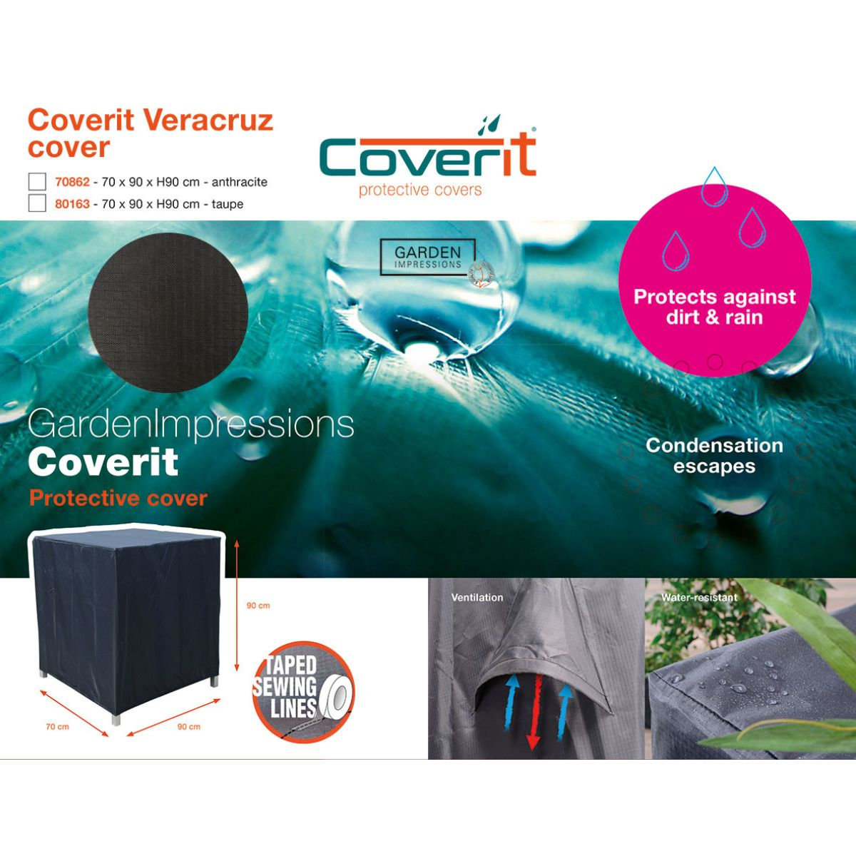 Coverit Veracruz cover: 70x90x90 cm, anthracite or taupe. Water-resistant.