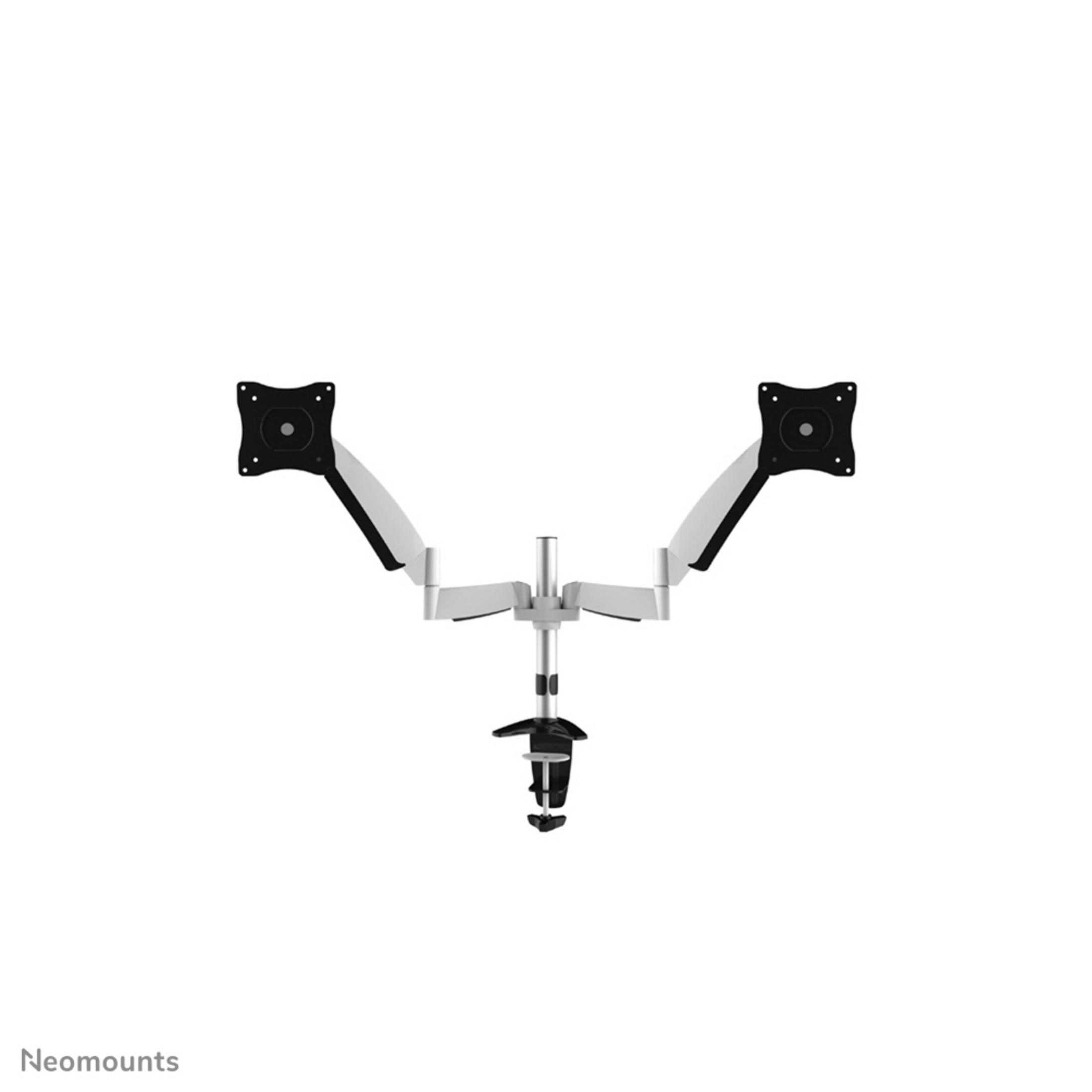 Een zilveren dubbele monitorarm met zwarte houder en klem.