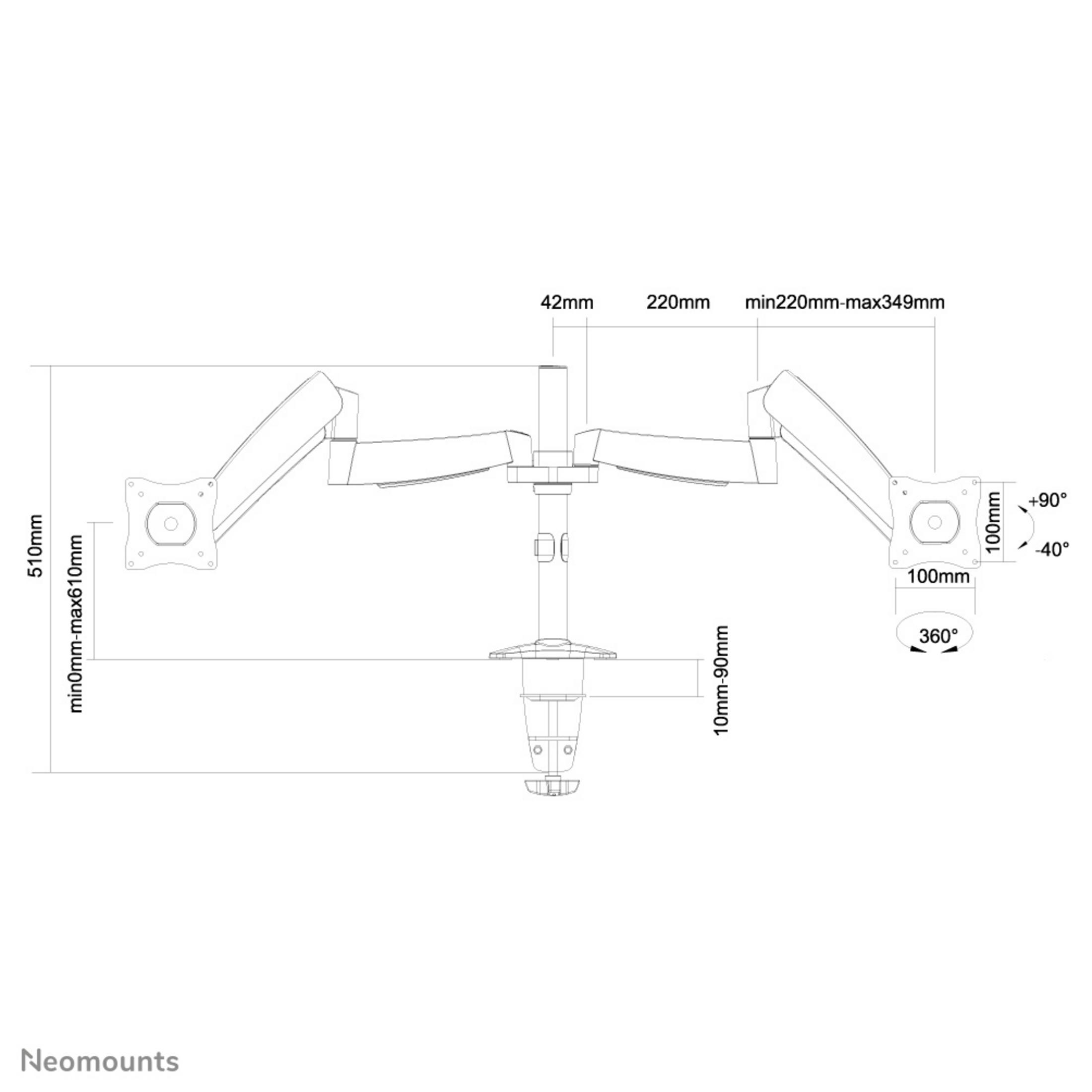 Technische tekening van een bureaubevestiging voor twee monitoren met afmetingen.