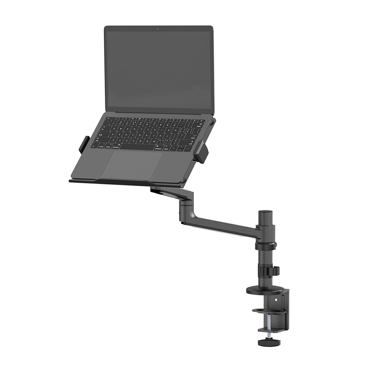 A laptop on an adjustable arm clamped to a desk mount.