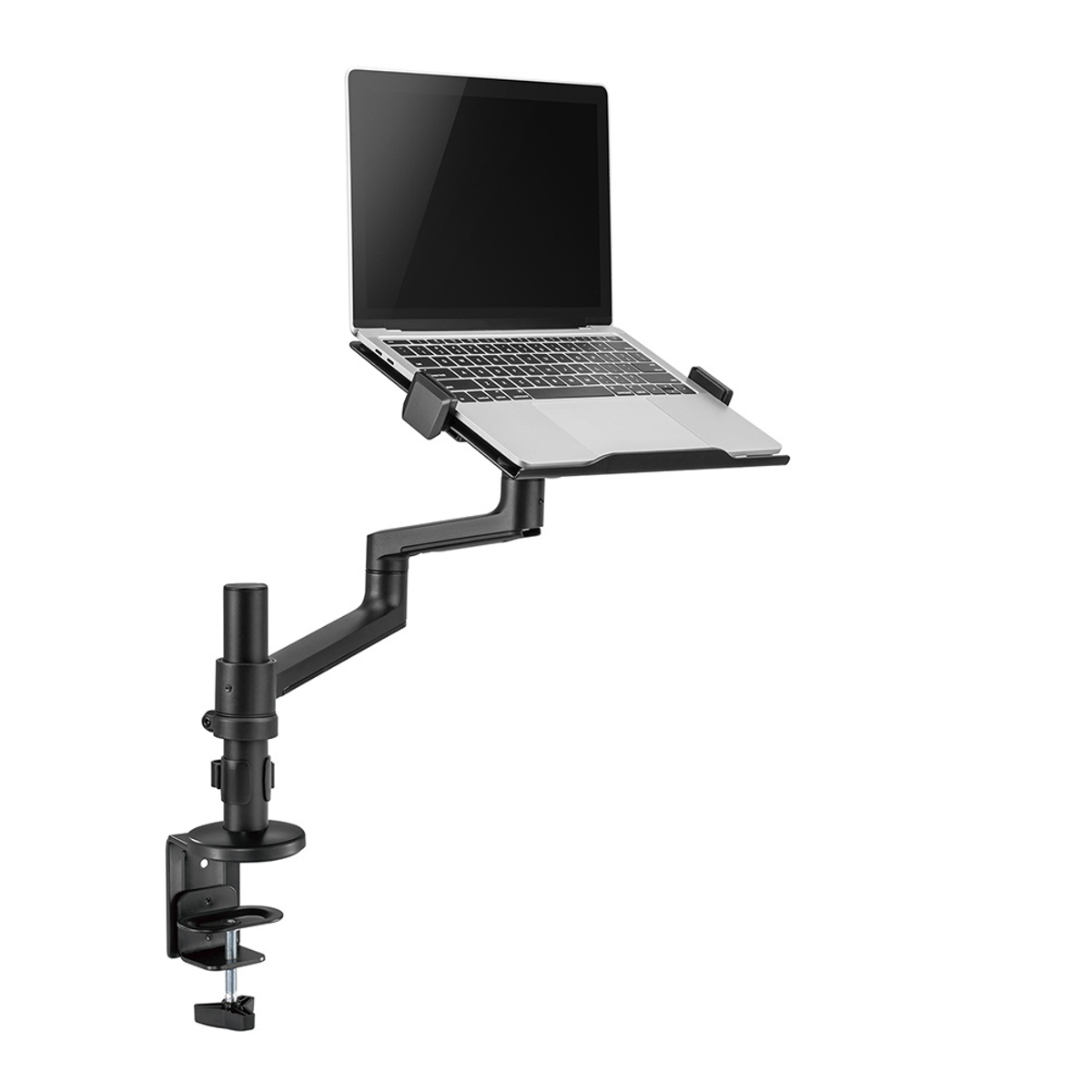 A laptop on a black desk arm mount with clamp base, on a white background.
