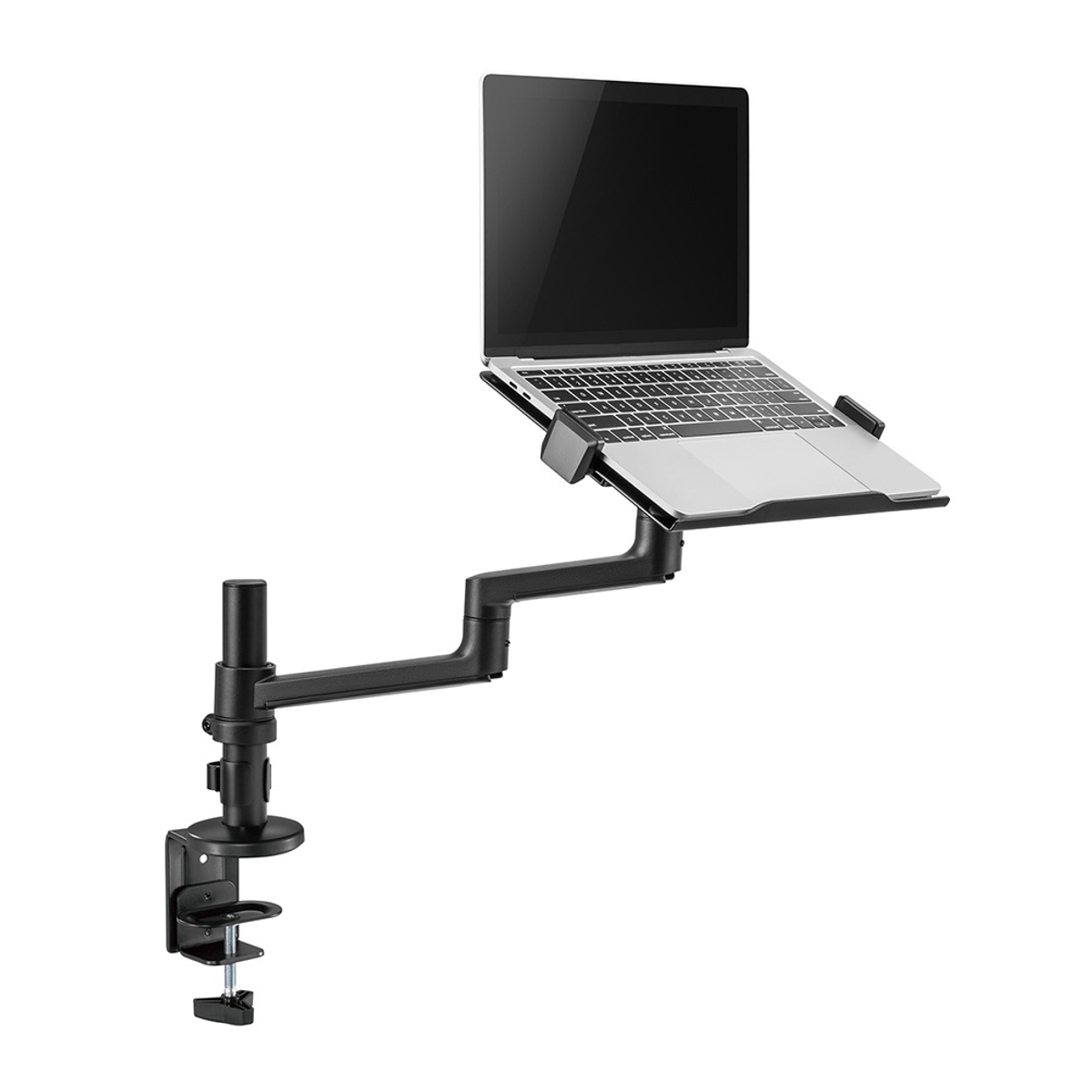 A black laptop stand with a clamp base and adjustable arm.