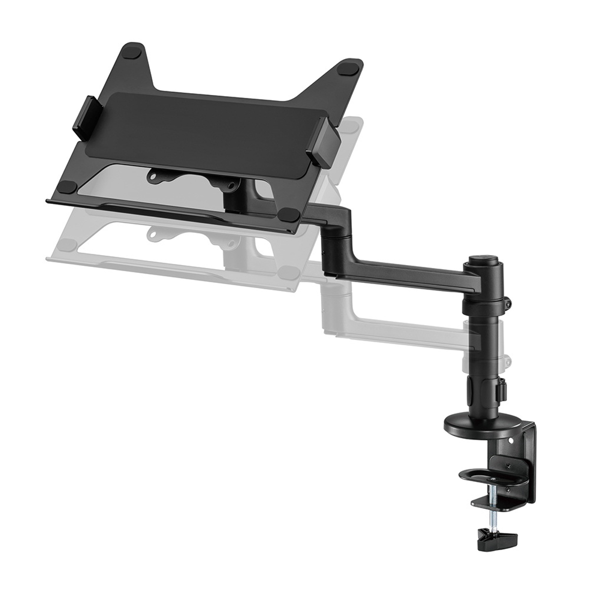 A black laptop stand with a clamp base attached to a desk.