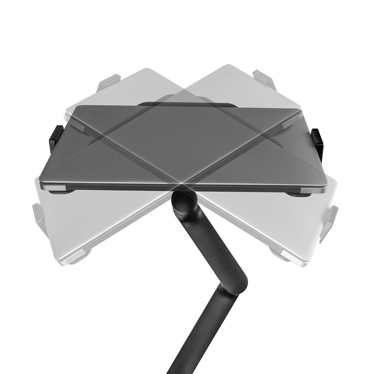 A black laptop stand with a laptop, shown with ghosted images indicating movement.