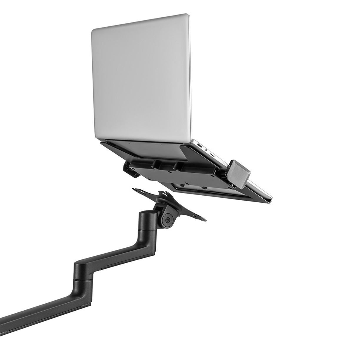 A laptop on a black monitor arm, isolated on a white background.