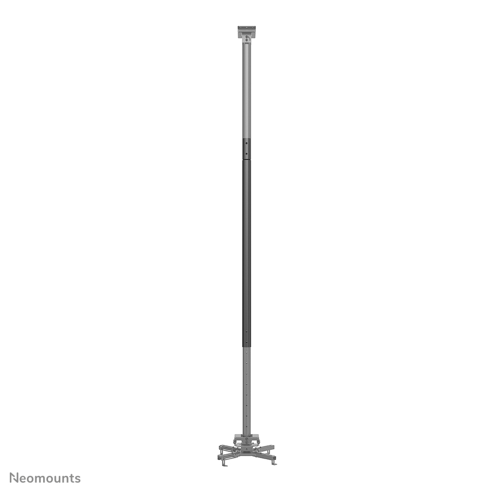 Un supporto da soffitto argentato per proiettore con asta regolabile.