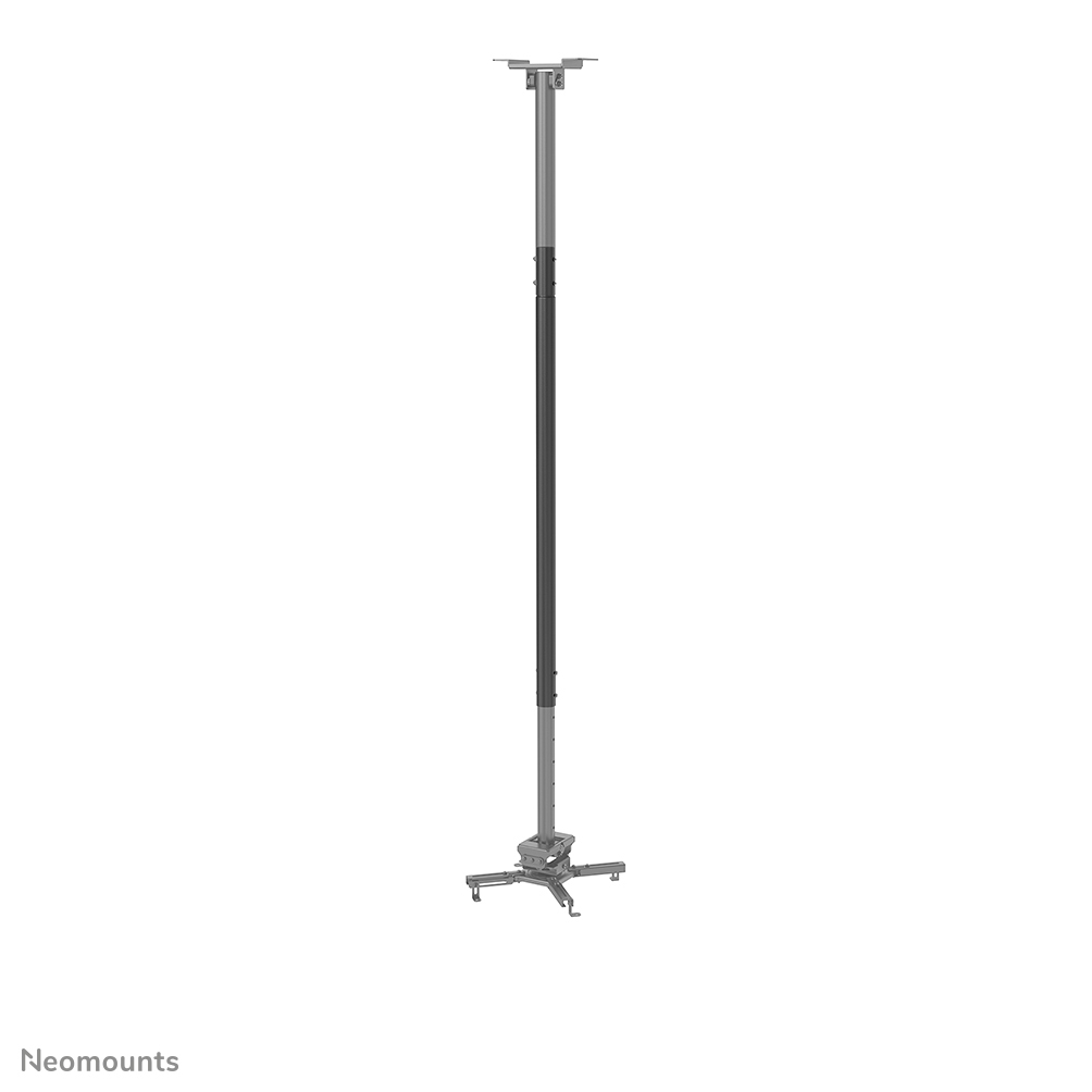 Un supporto da soffitto argentato per proiettore con asta regolabile.