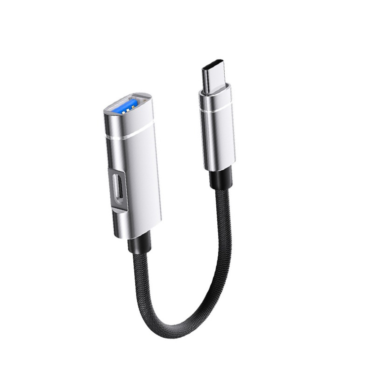 Ein silberner USB-C-Adapter mit einem USB-A-Anschluss und einem weiteren USB-C-Anschluss.