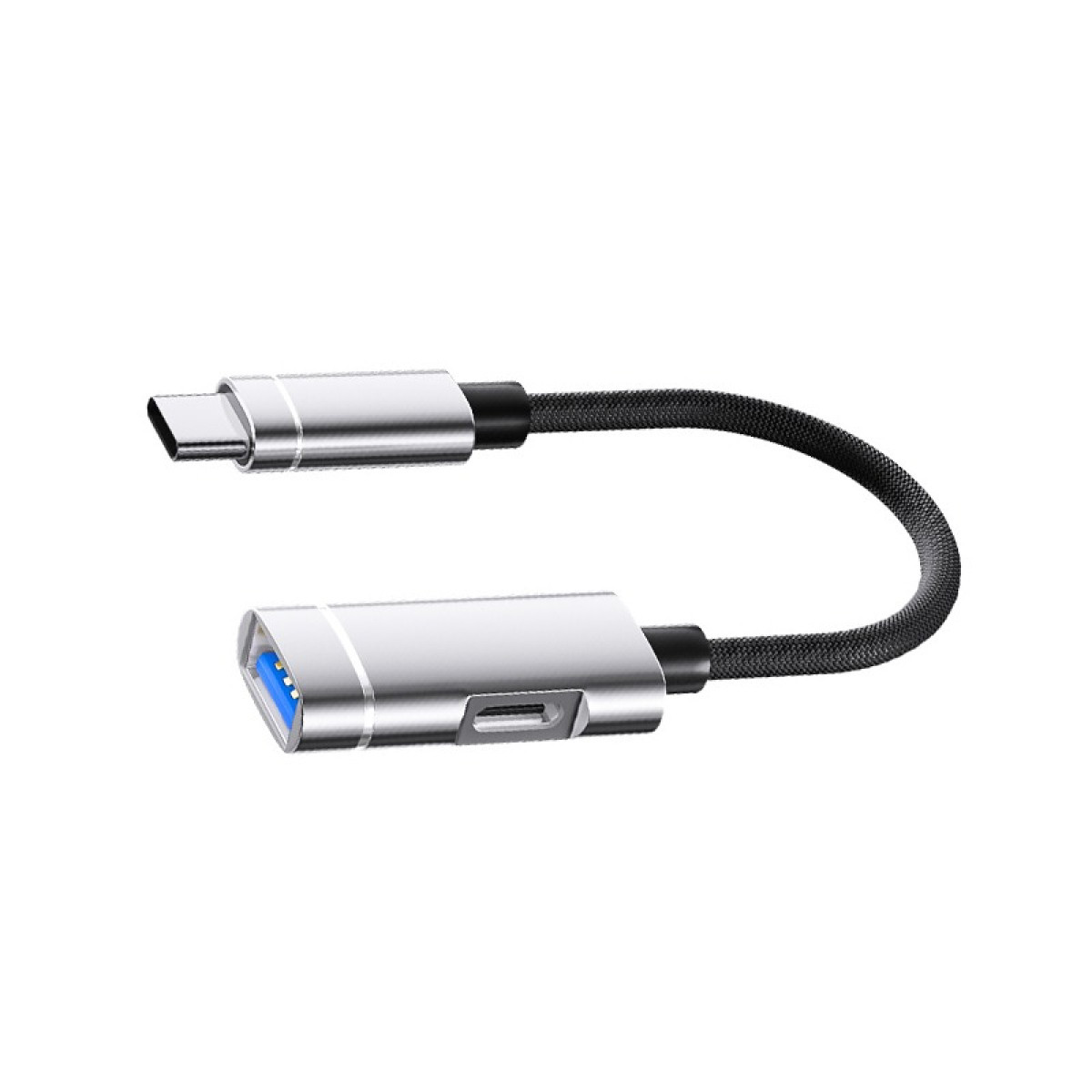 Ein USB-C-zu-USB-A-Adapterkabel mit silbernen Anschlüssen und schwarzem Kabel.