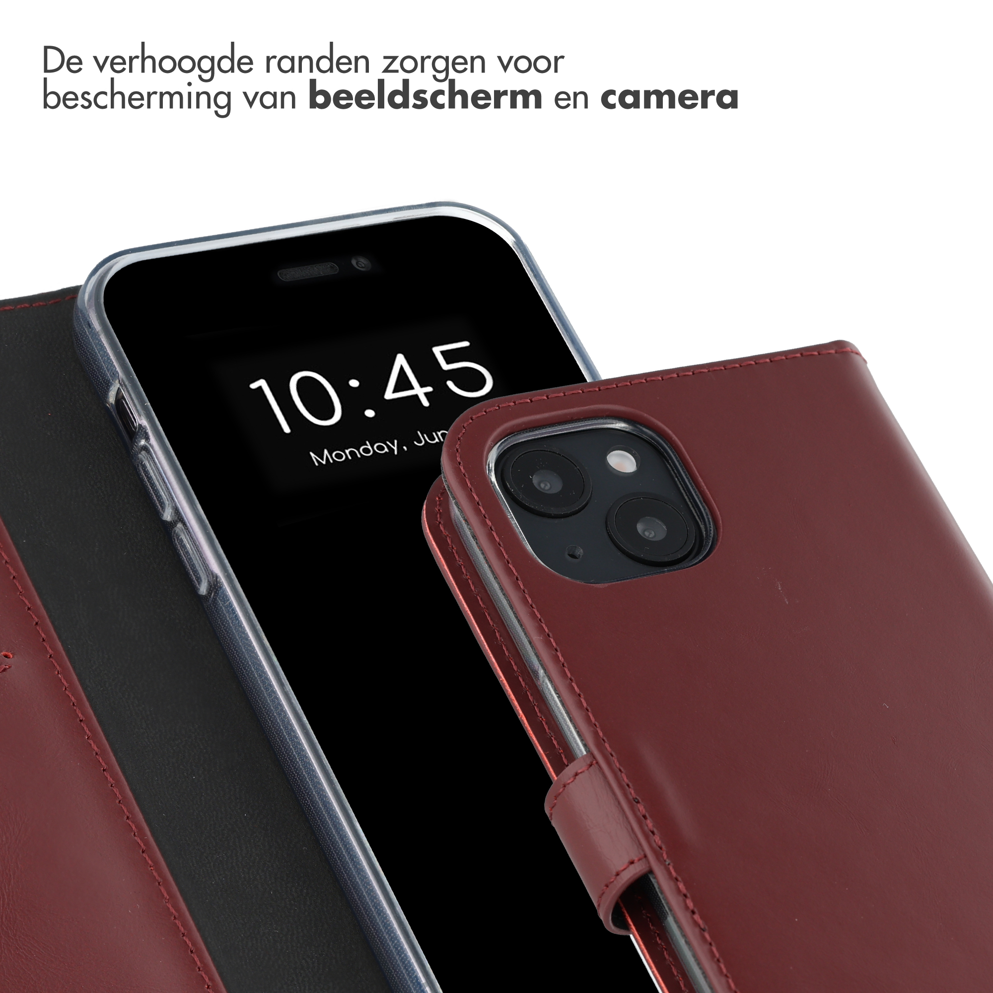 Red leather phone case with a phone showing 10:45 time.