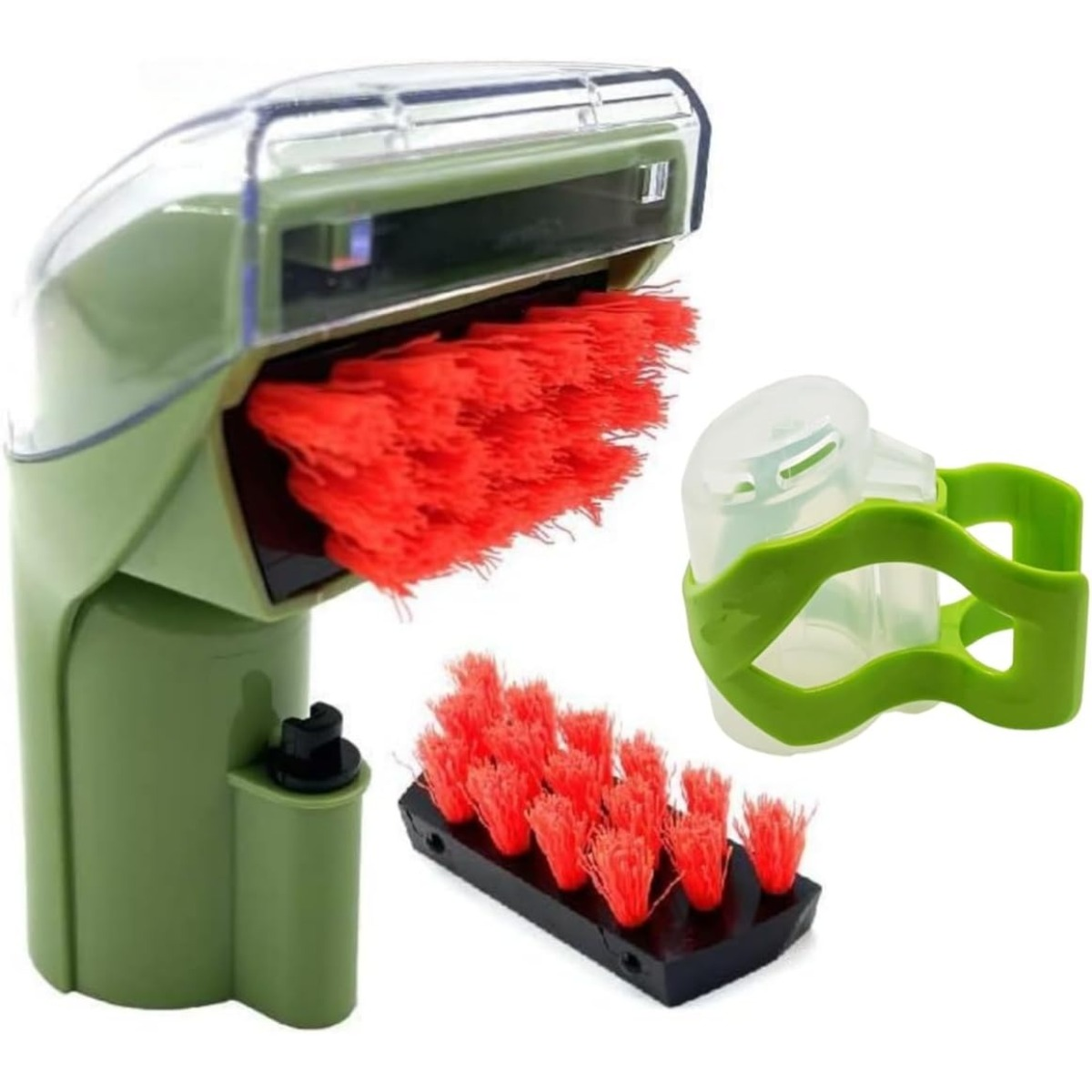 Strumento di pulizia verde con testina rossa e spazzole separate.