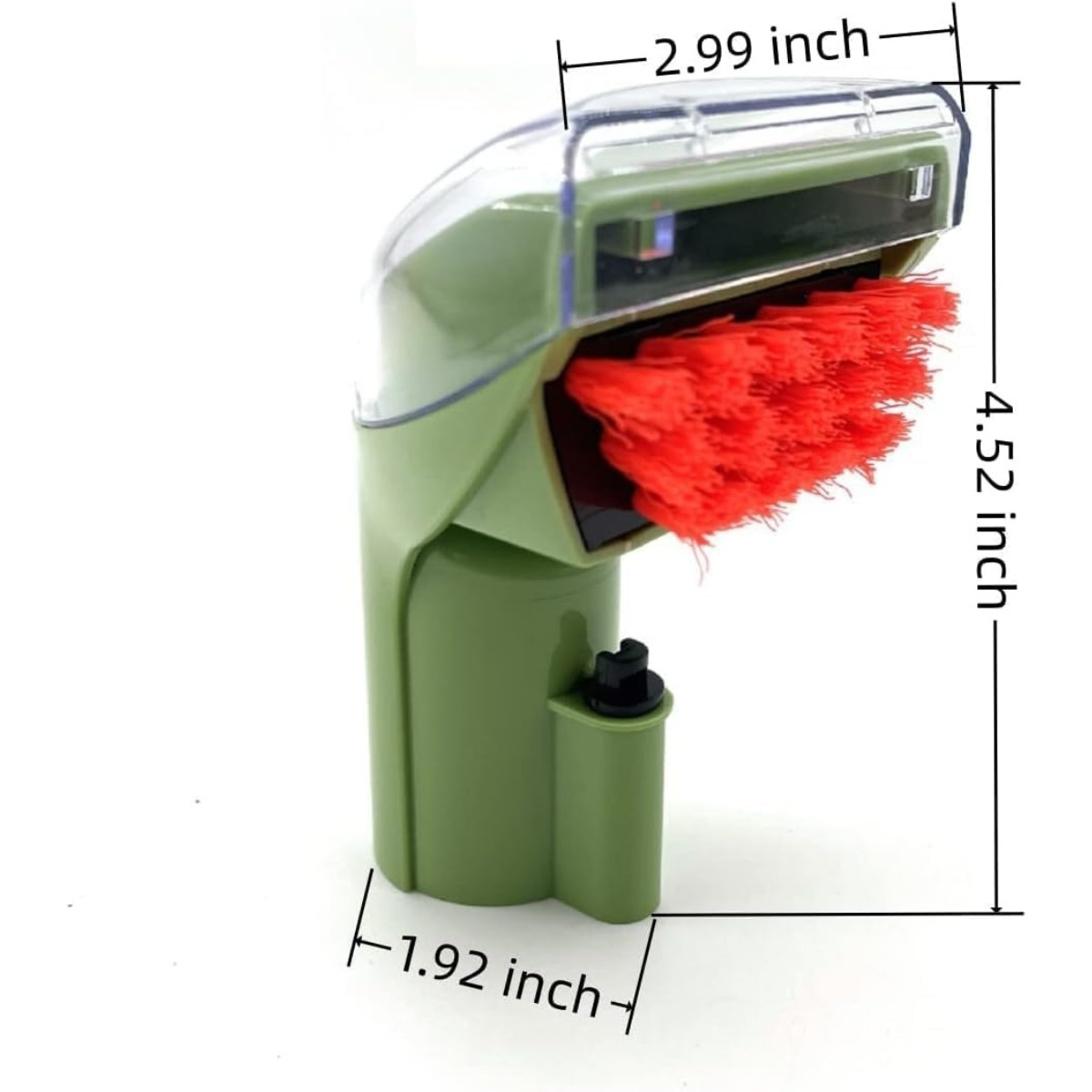Strumento di pulizia verde con setole rosse. Dimensioni indicate.